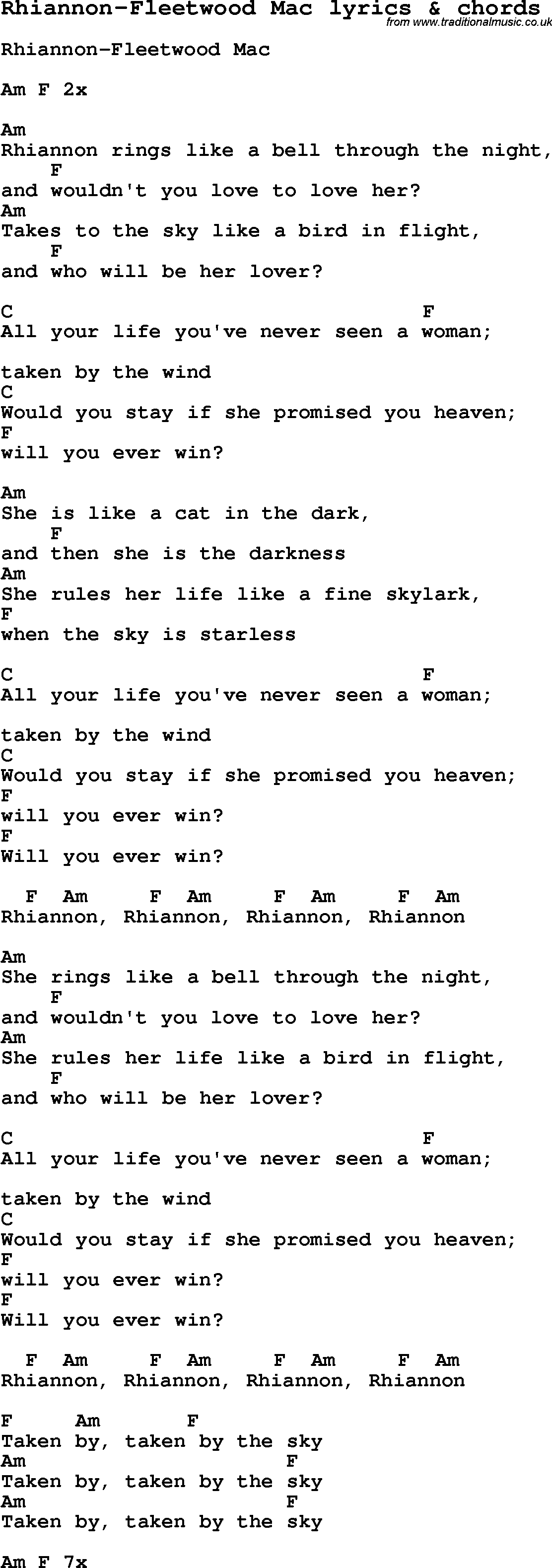 Love Song Lyrics for: Rhiannon-Fleetwood Mac with chords for Ukulele, Guitar Banjo etc.