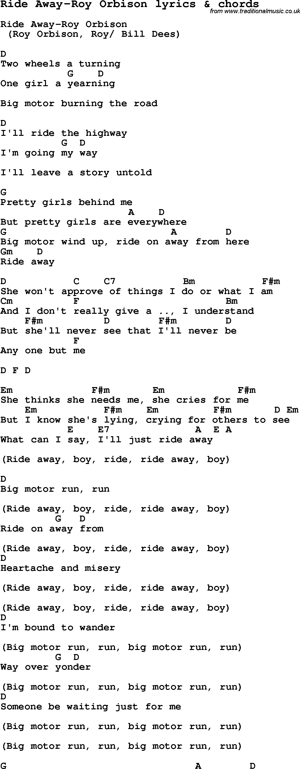 Love Song Lyrics for: Ride Away-Roy Orbison with chords for Ukulele, Guitar Banjo etc.