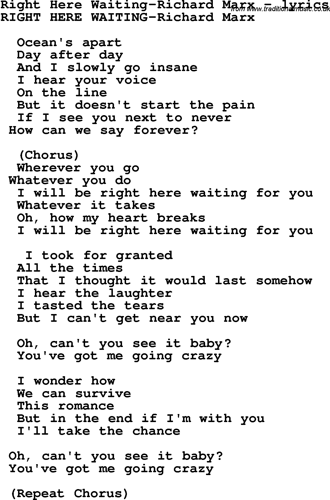Love Song Lyrics for: Right Here Waiting-Richard Marx