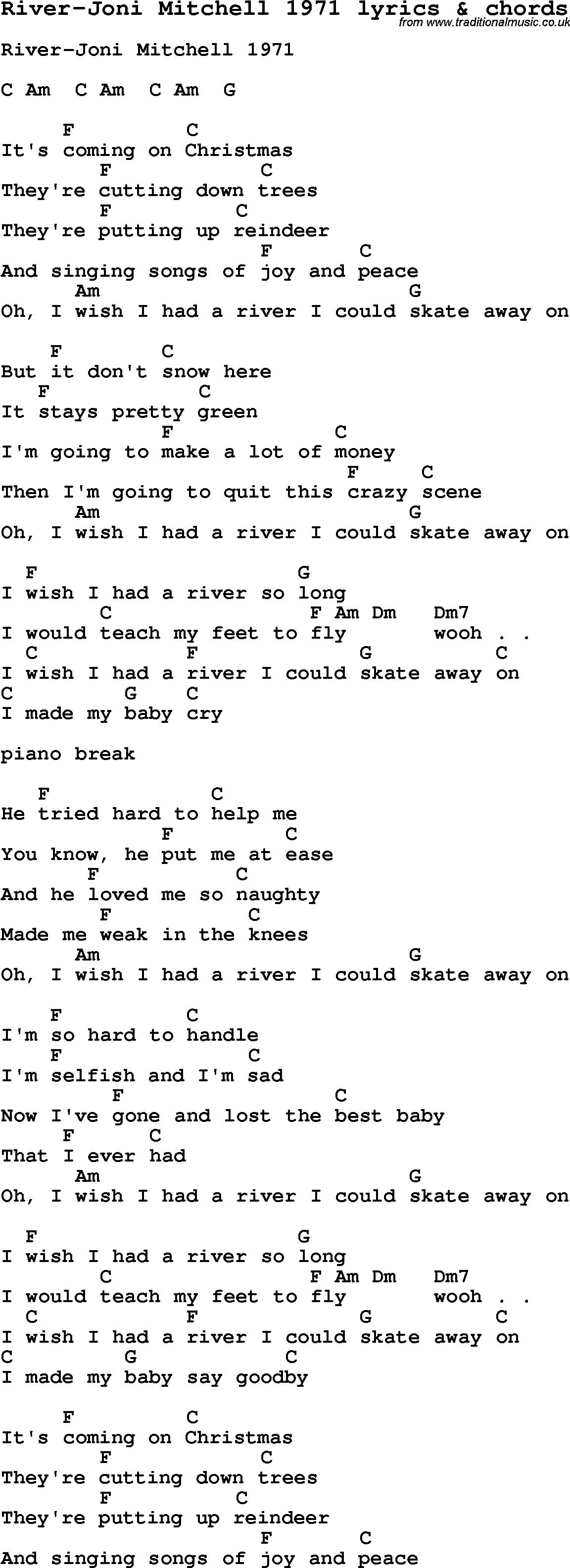 Love Song Lyrics for: River-Joni Mitchell 1971 with chords for Ukulele, Guitar Banjo etc.