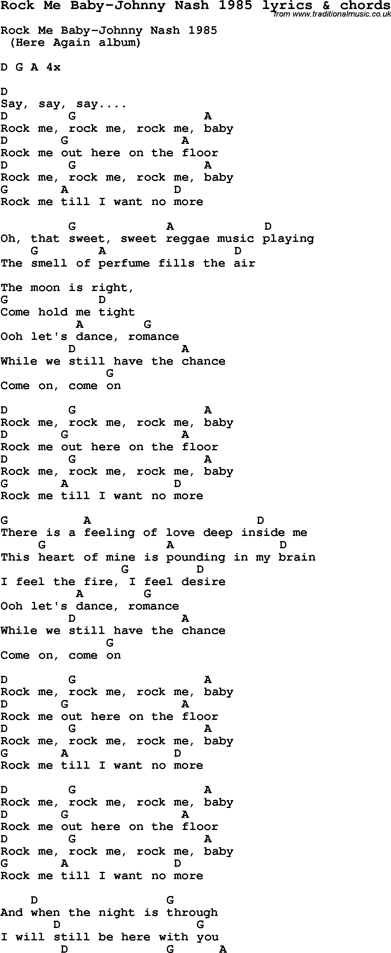 Love Song Lyrics for: Rock Me Baby-Johnny Nash 1985 with chords for Ukulele, Guitar Banjo etc.