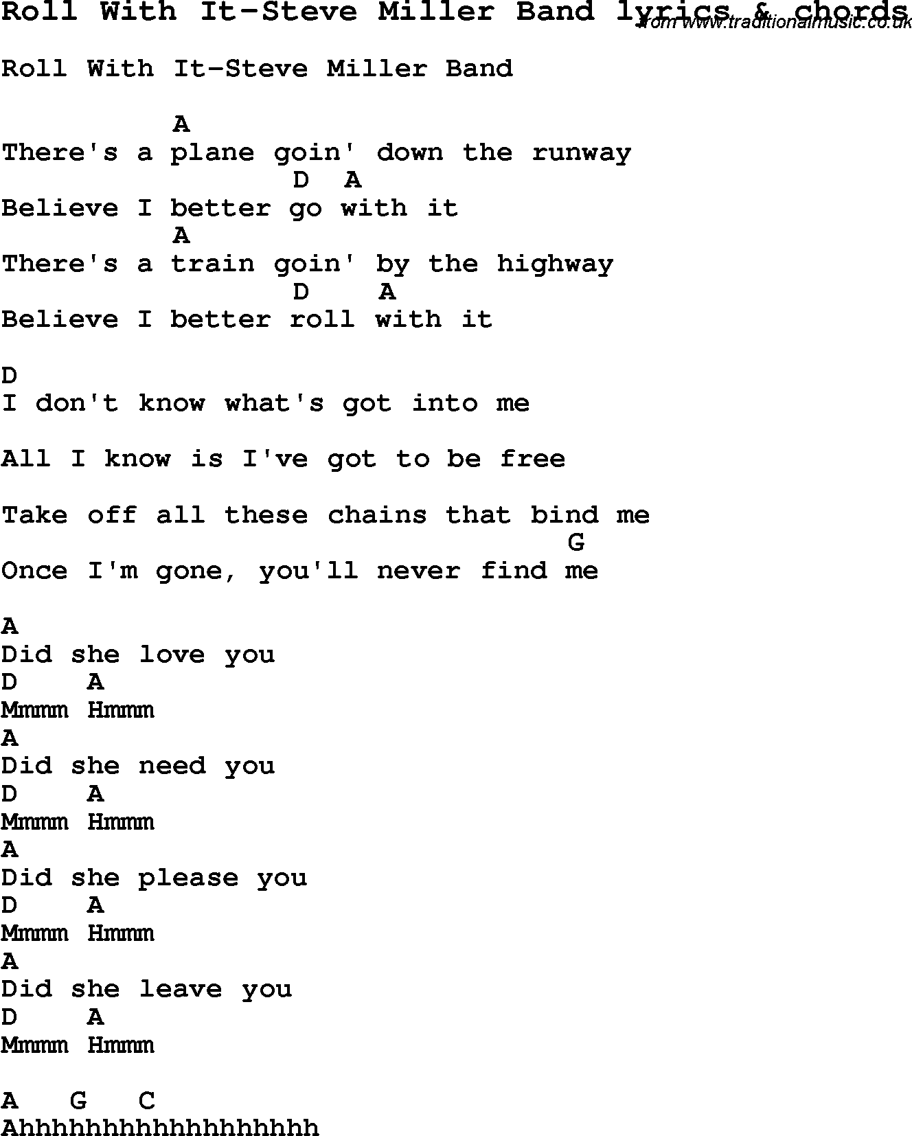 Love Song Lyrics for: Roll With It-Steve Miller Band with chords for Ukulele, Guitar Banjo etc.