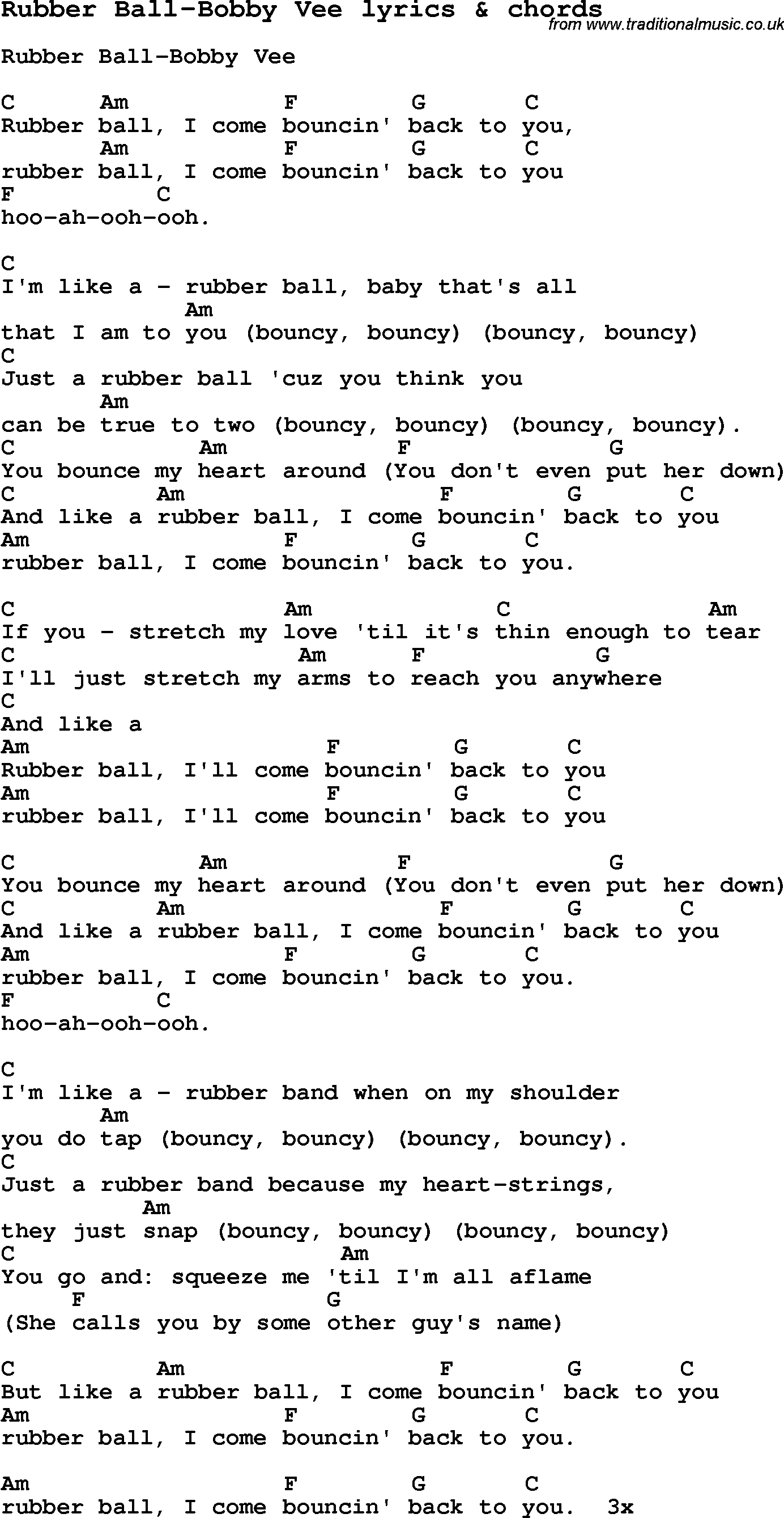 Love Song Lyrics for: Rubber Ball-Bobby Vee with chords for Ukulele, Guitar Banjo etc.
