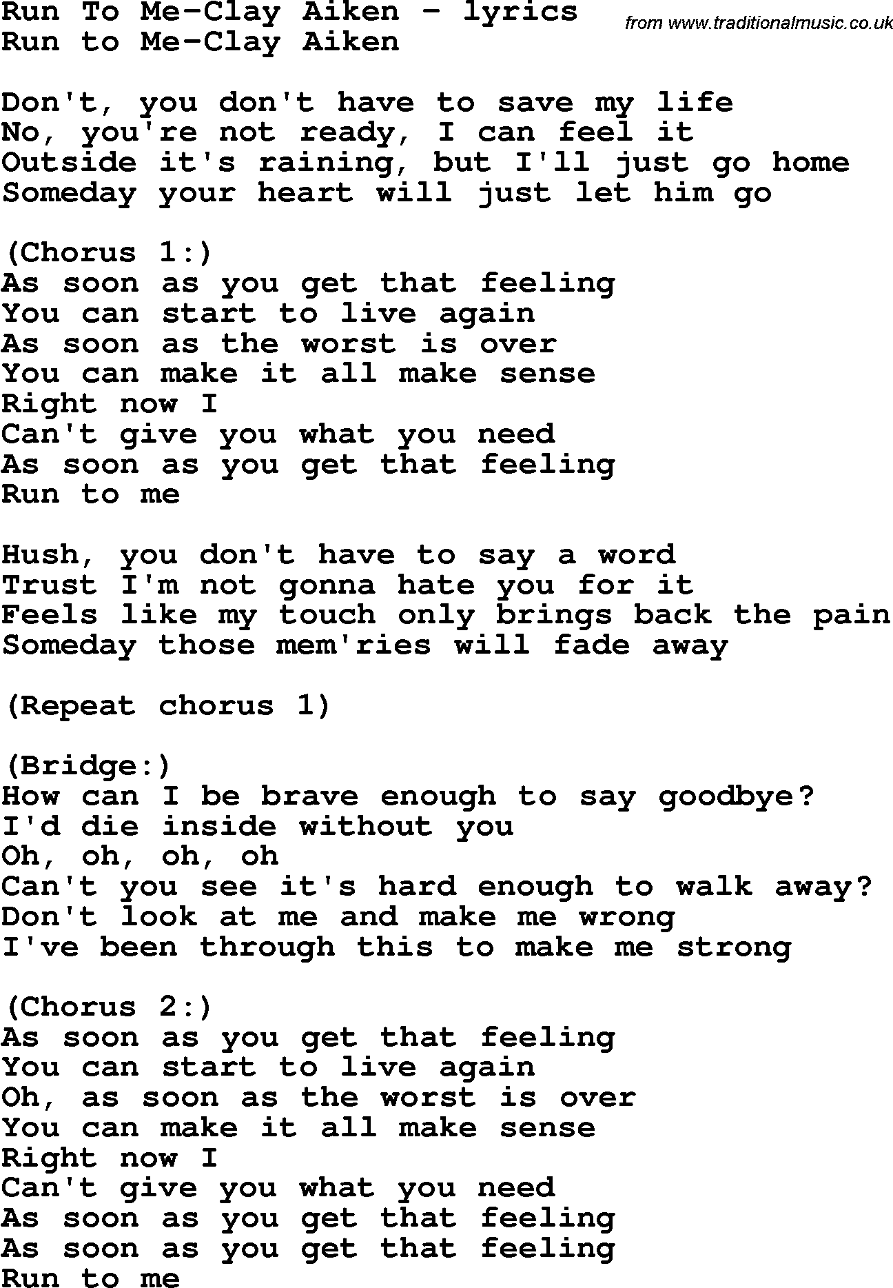 Love Song Lyrics for: Run To Me-Clay Aiken