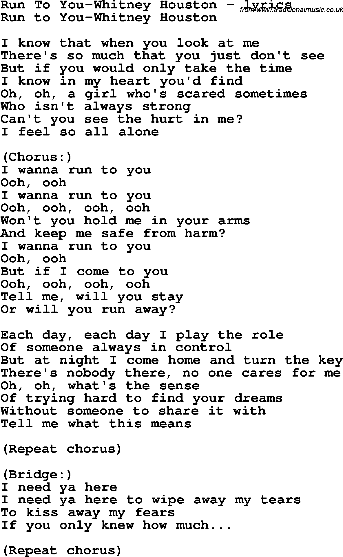 Love Song Lyrics for: Run To You-Whitney Houston