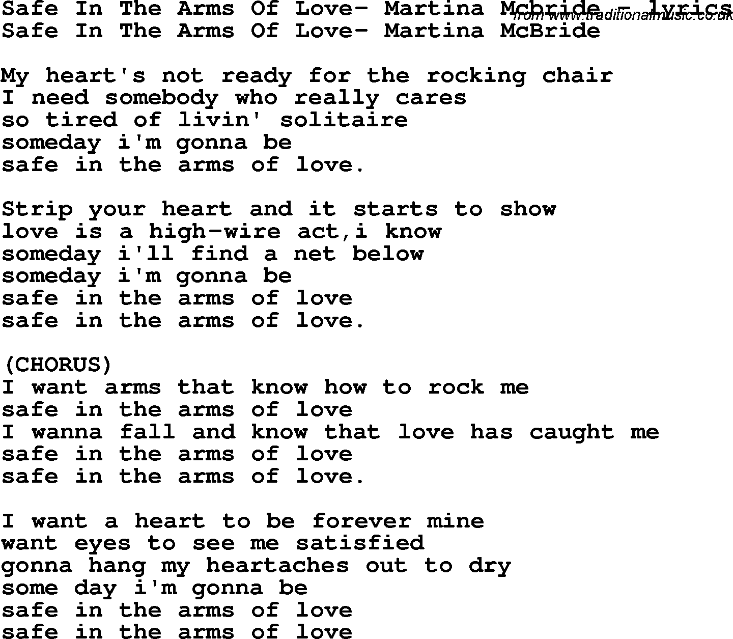 Love Song Lyrics for: Safe In The Arms Of Love- Martina Mcbride