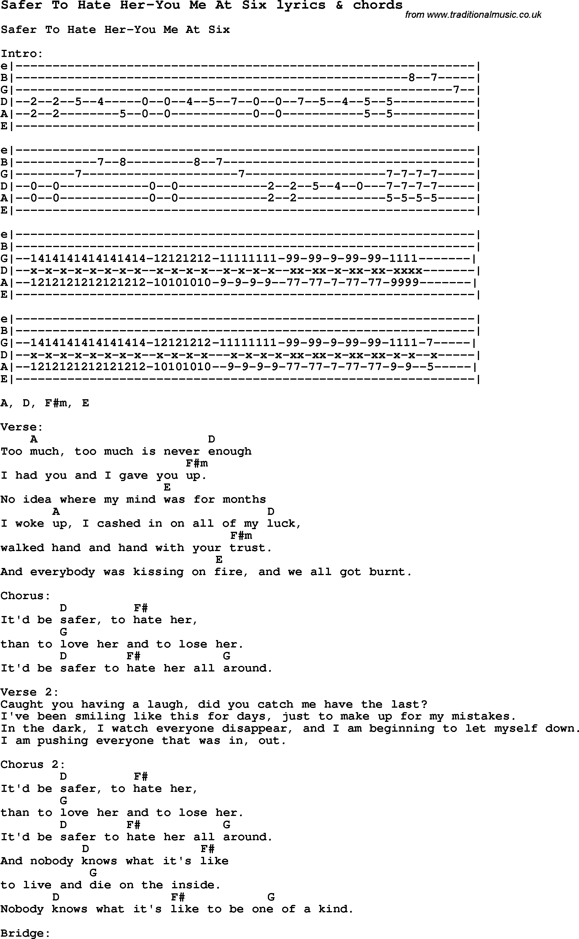 Love Song Lyrics for: Safer To Hate Her-You Me At Six with chords for Ukulele, Guitar Banjo etc.