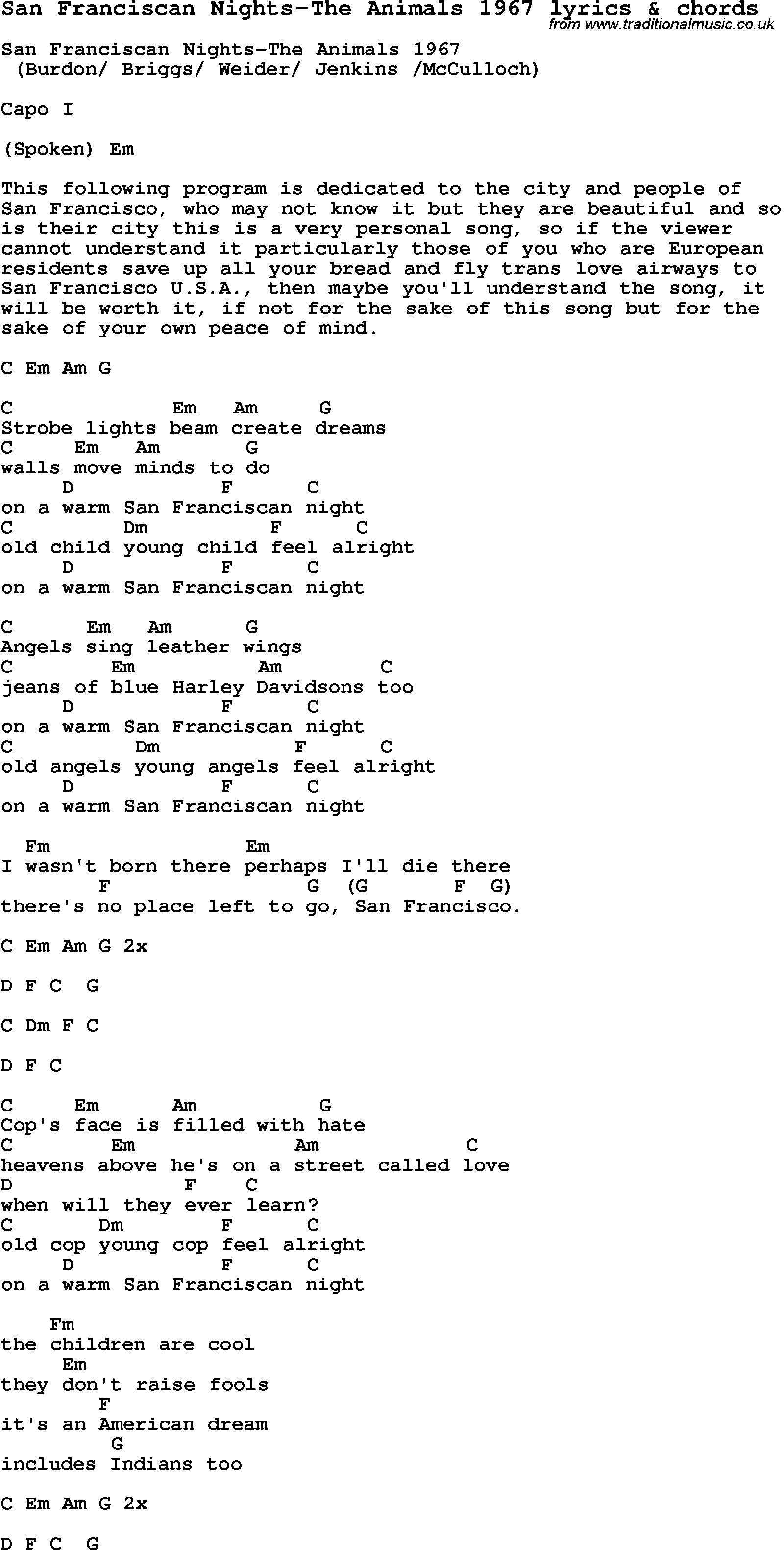 Love Song Lyrics for: San Franciscan Nights-The Animals 1967 with chords for Ukulele, Guitar Banjo etc.