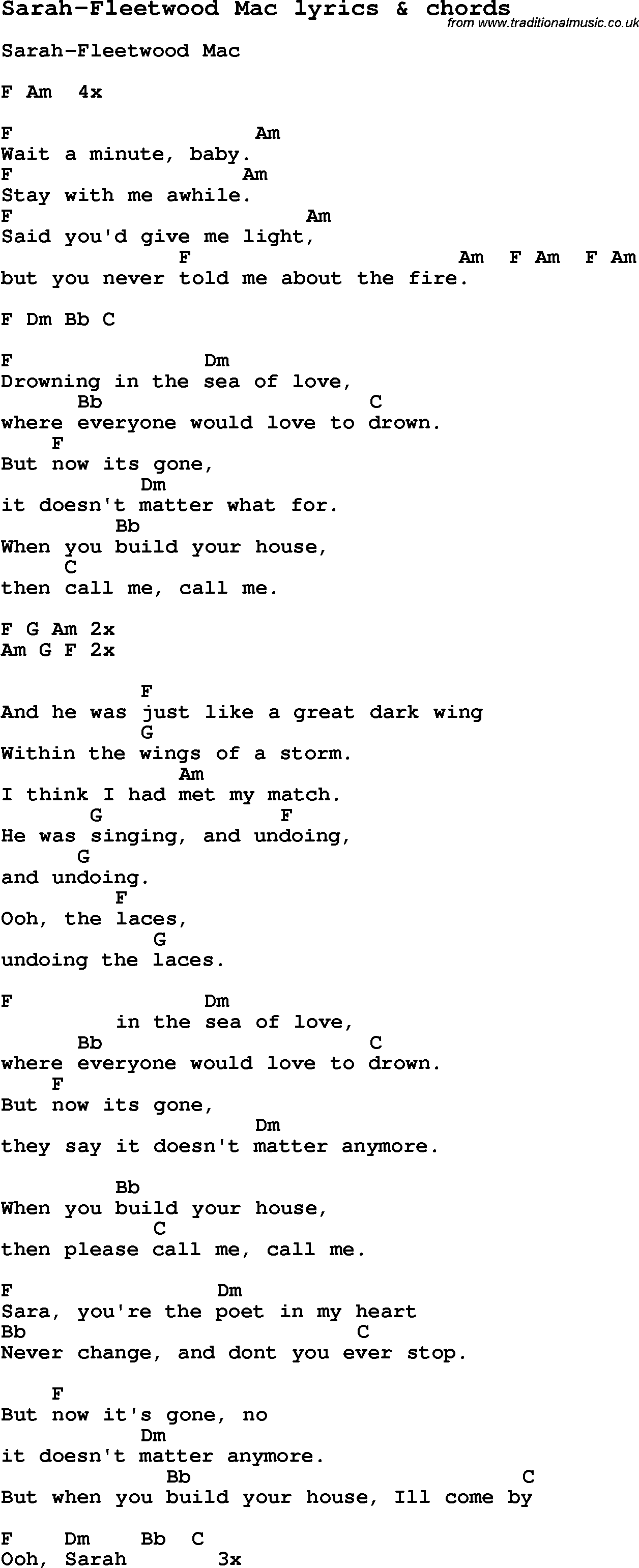 Love Song Lyrics for: Sarah-Fleetwood Mac with chords for Ukulele, Guitar Banjo etc.