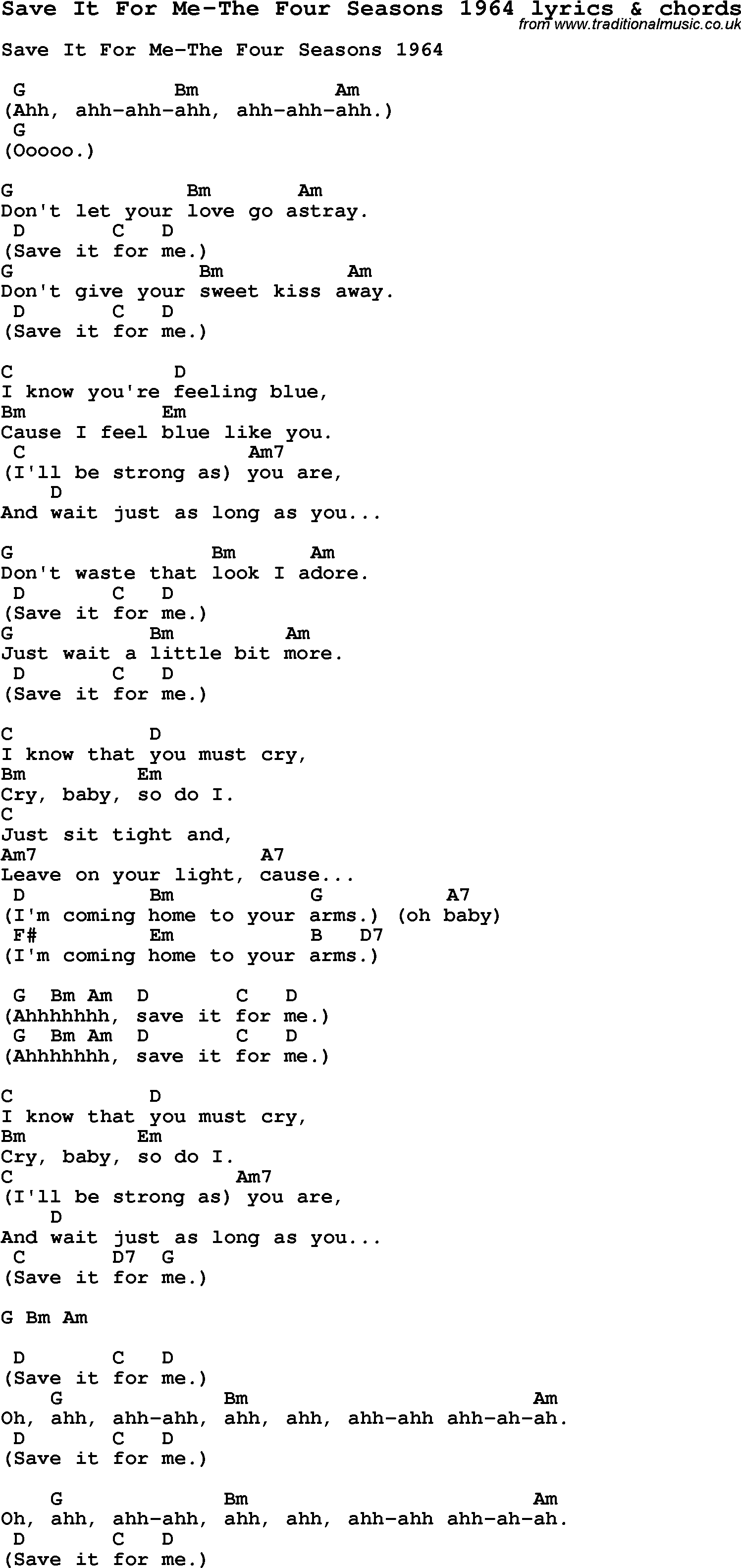Love Song Lyrics for: Save It For Me-The Four Seasons 1964 with chords for Ukulele, Guitar Banjo etc.