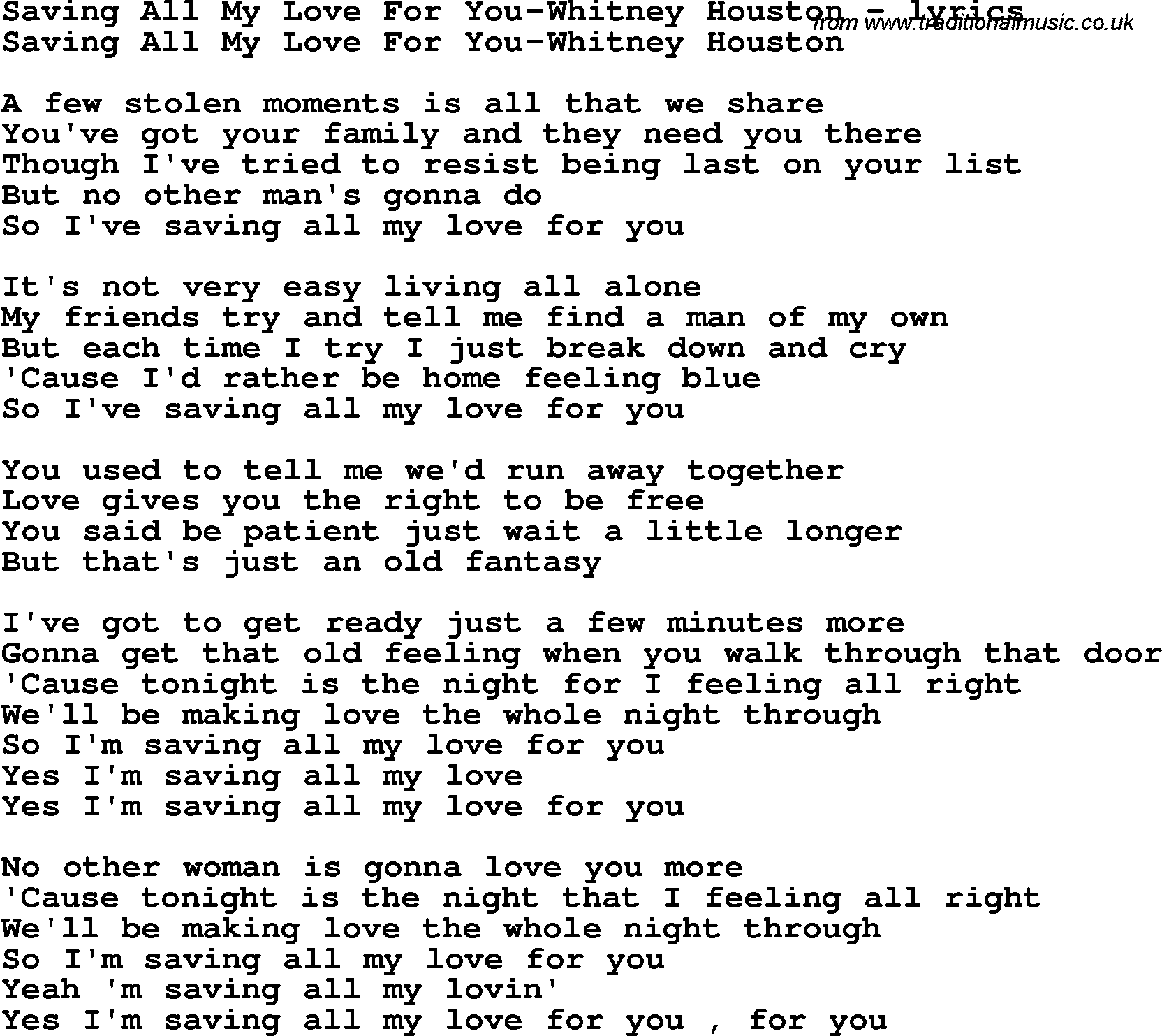 Love Song Lyrics for: Saving All My Love For You-Whitney Houston