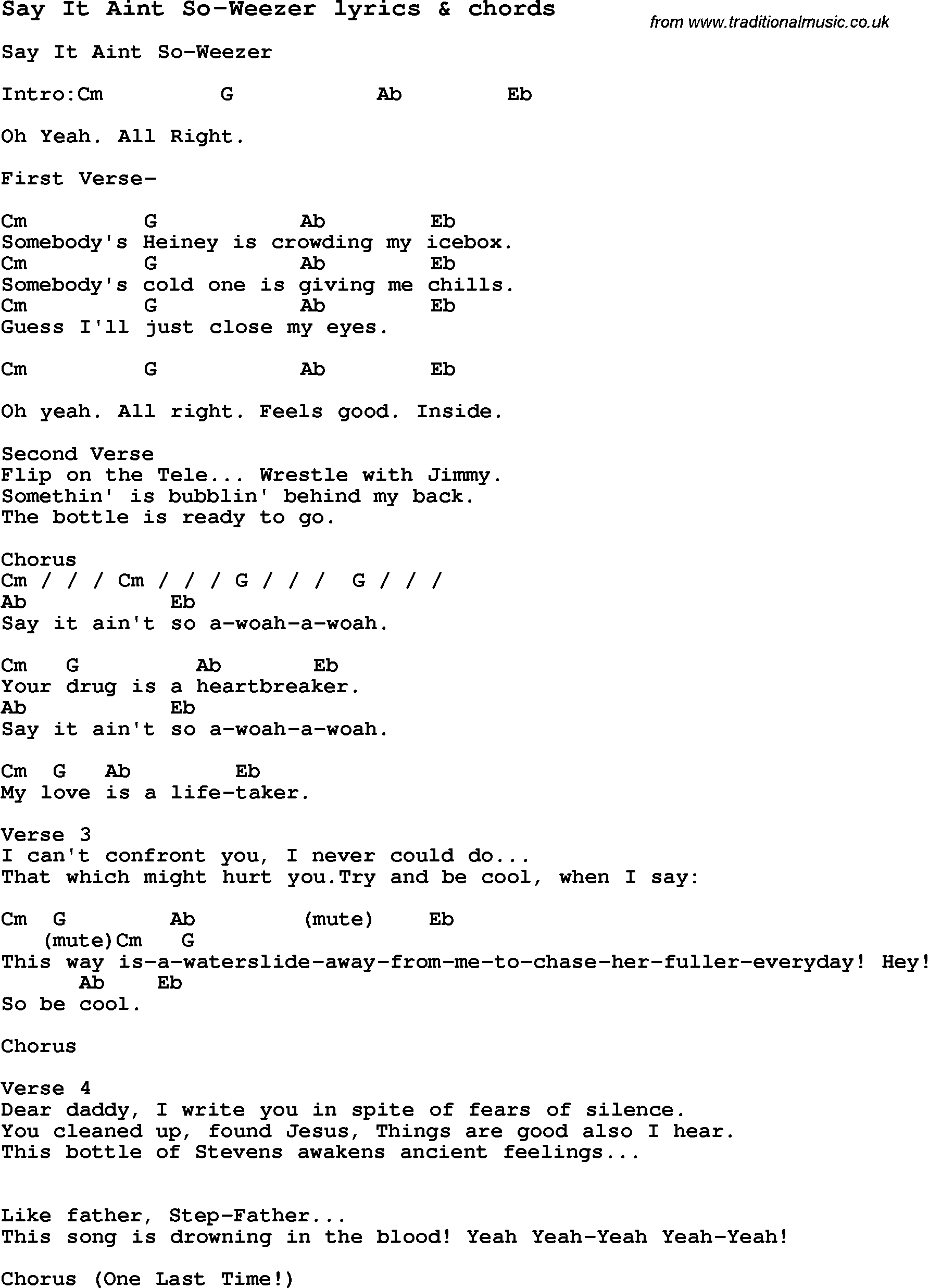 Love Song Lyrics for: Say It Aint So-Weezer with chords for Ukulele, Guitar Banjo etc.