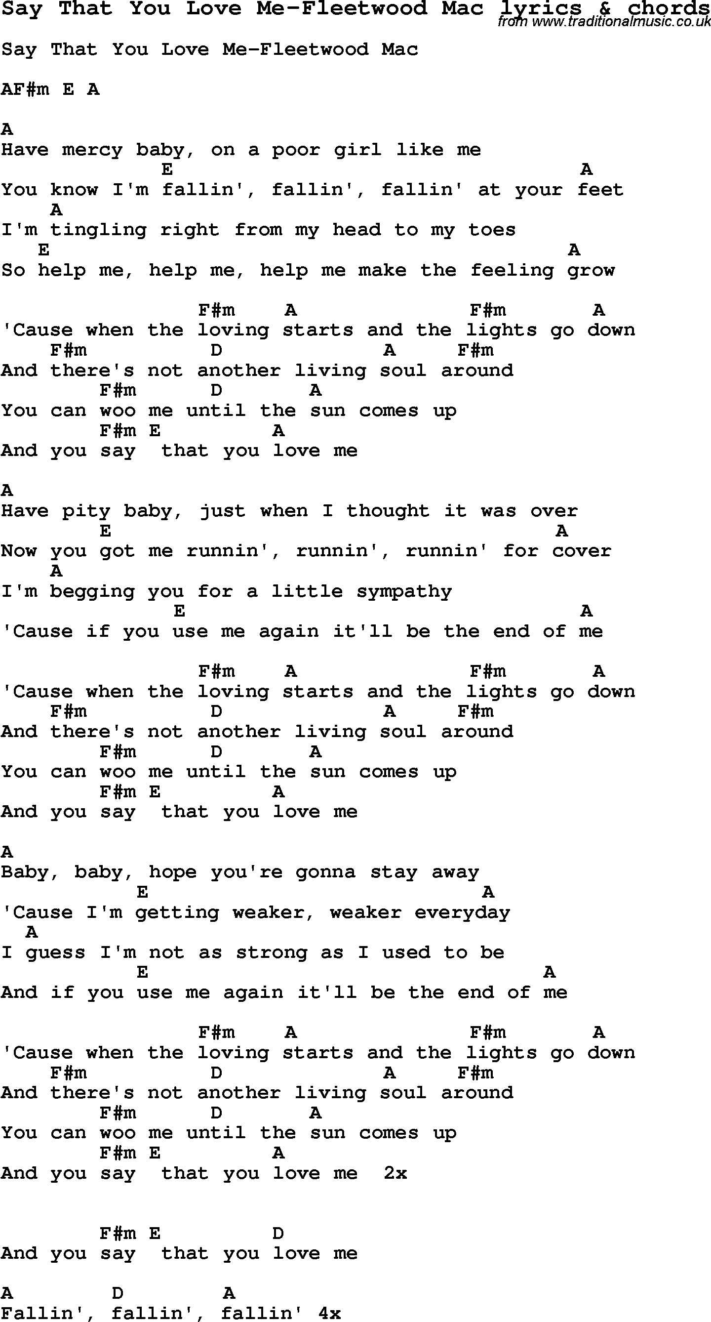 Love Song Lyrics for: Say That You Love Me-Fleetwood Mac with chords for Ukulele, Guitar Banjo etc.
