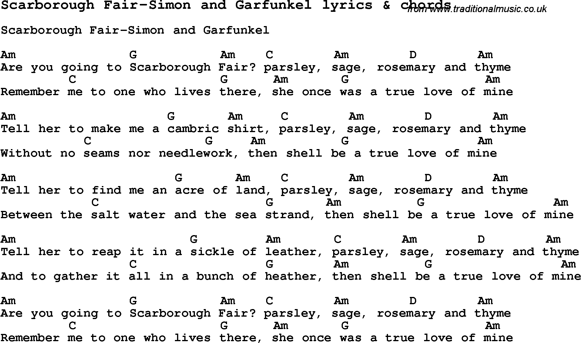 Love Song Lyrics for: Scarborough Fair-Simon and Garfunkel with chords for Ukulele, Guitar Banjo etc.