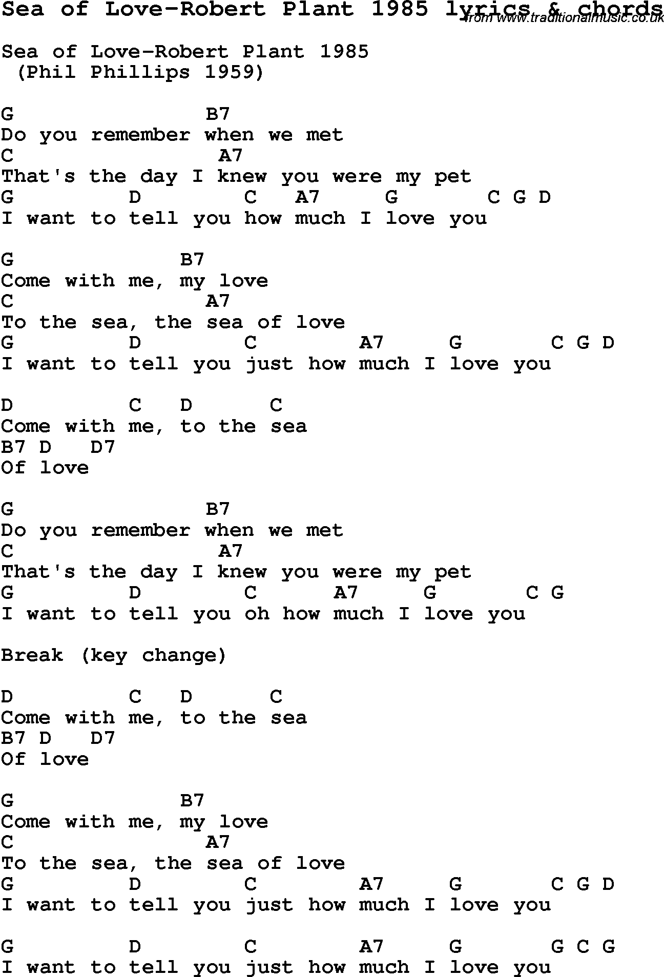 Love Song Lyrics for: Sea of Love-Robert Plant 1985 with chords for Ukulele, Guitar Banjo etc.