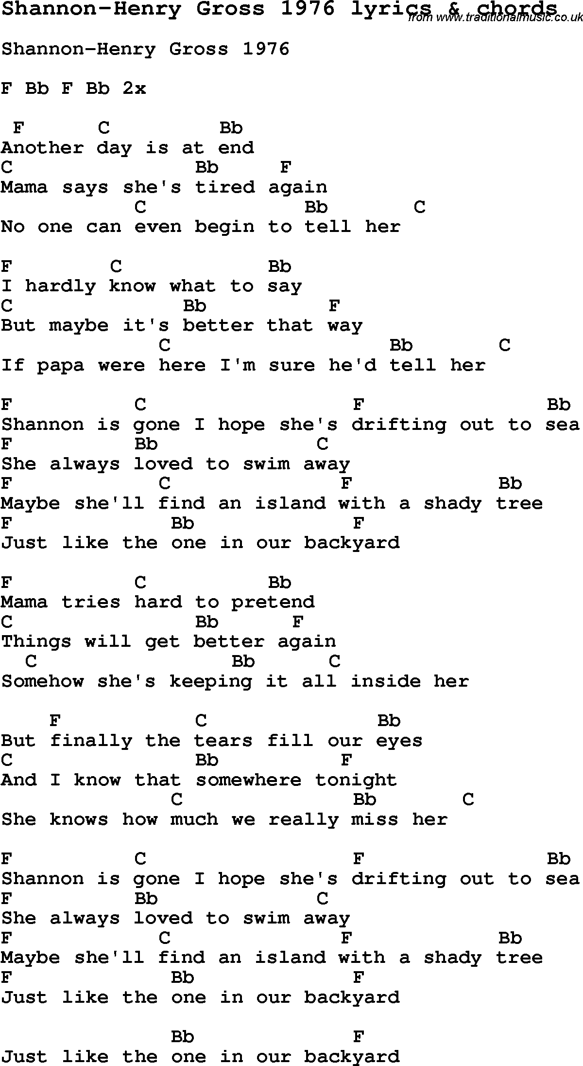 Love Song Lyrics for: Shannon-Henry Gross 1976 with chords for Ukulele, Guitar Banjo etc.