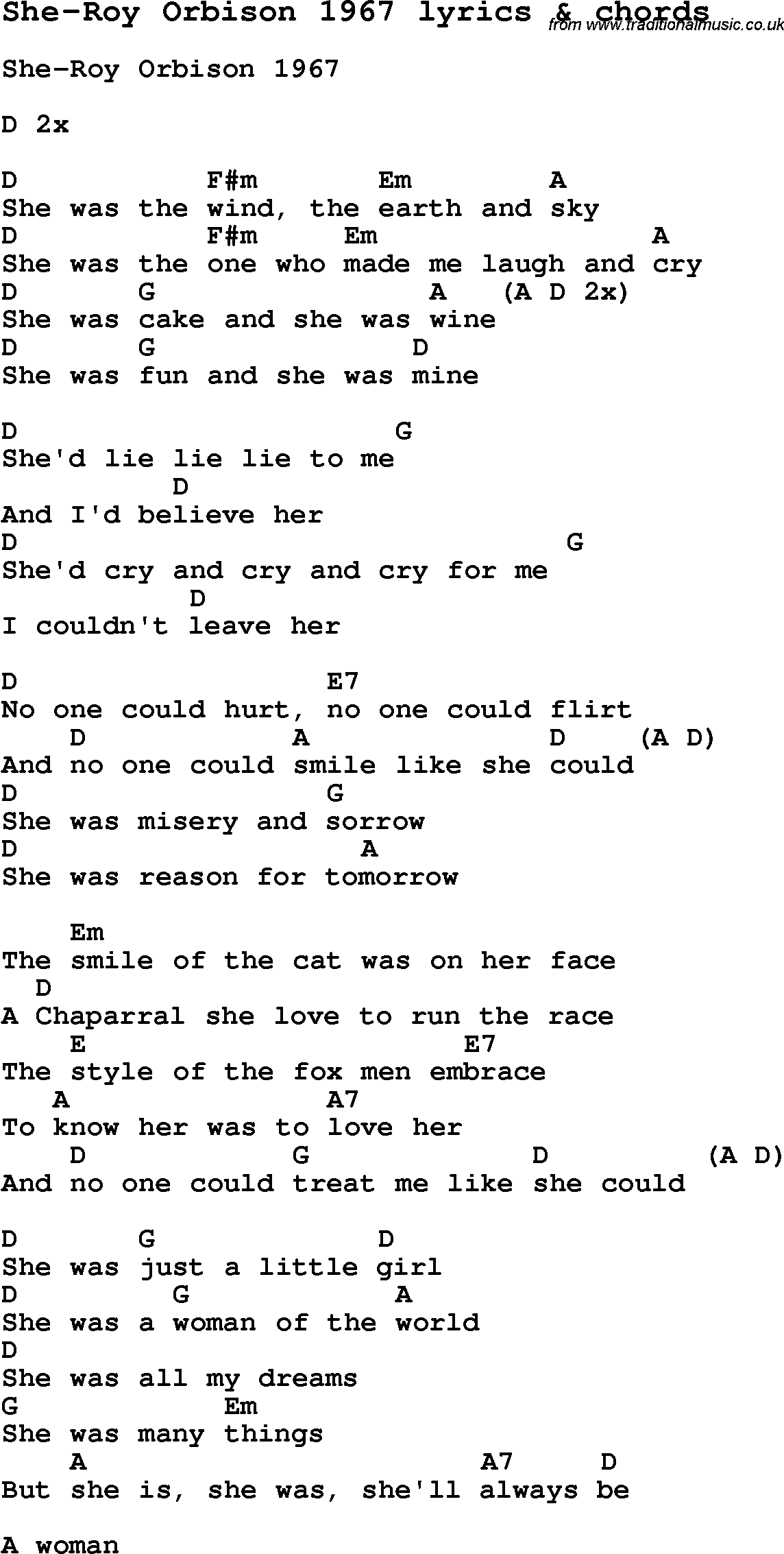 Love Song Lyrics for: She-Roy Orbison 1967 with chords for Ukulele, Guitar Banjo etc.