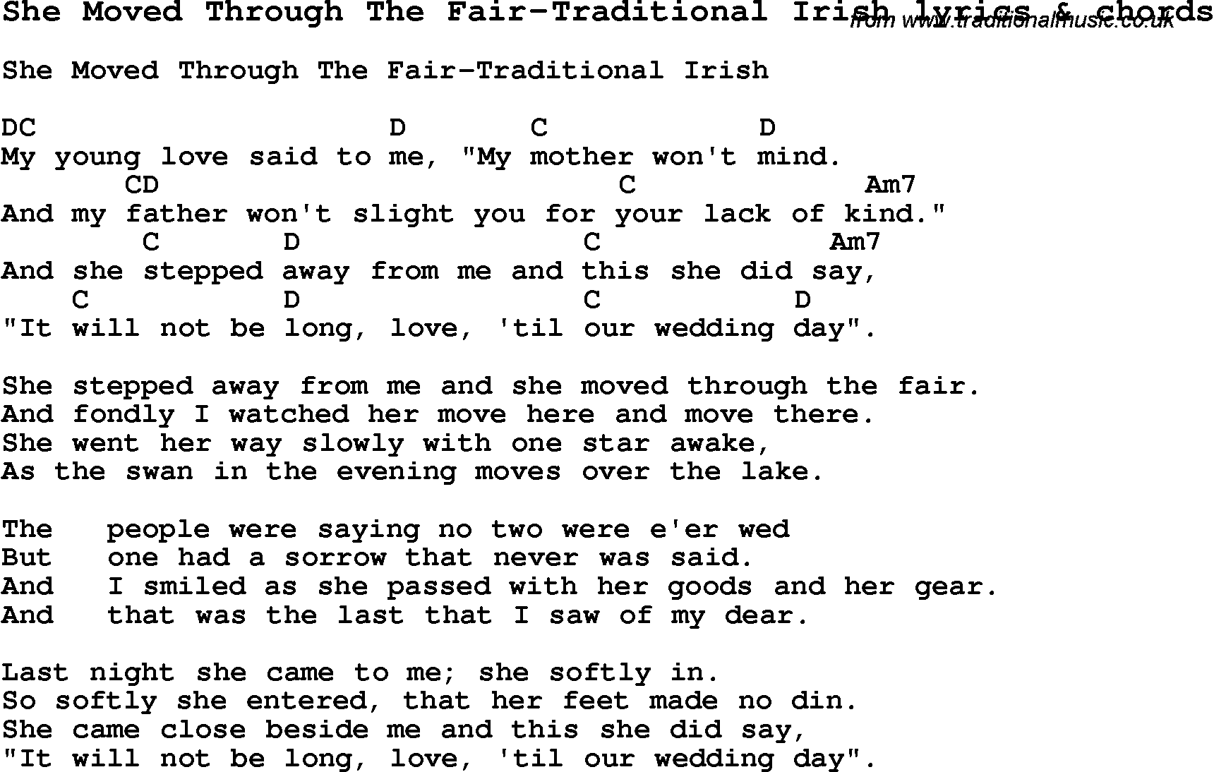 Love Song Lyrics for: She Moved Through The Fair-Traditional Irish with chords for Ukulele, Guitar Banjo etc.