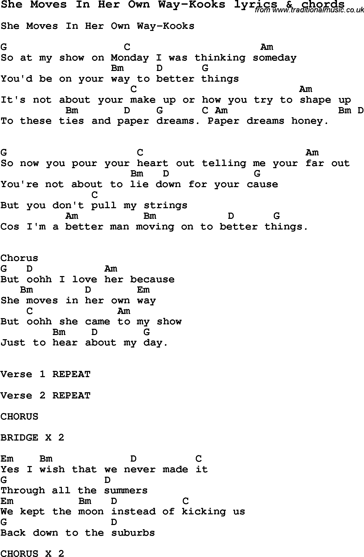 Love Song Lyrics for: She Moves In Her Own Way-Kooks with chords for Ukulele, Guitar Banjo etc.