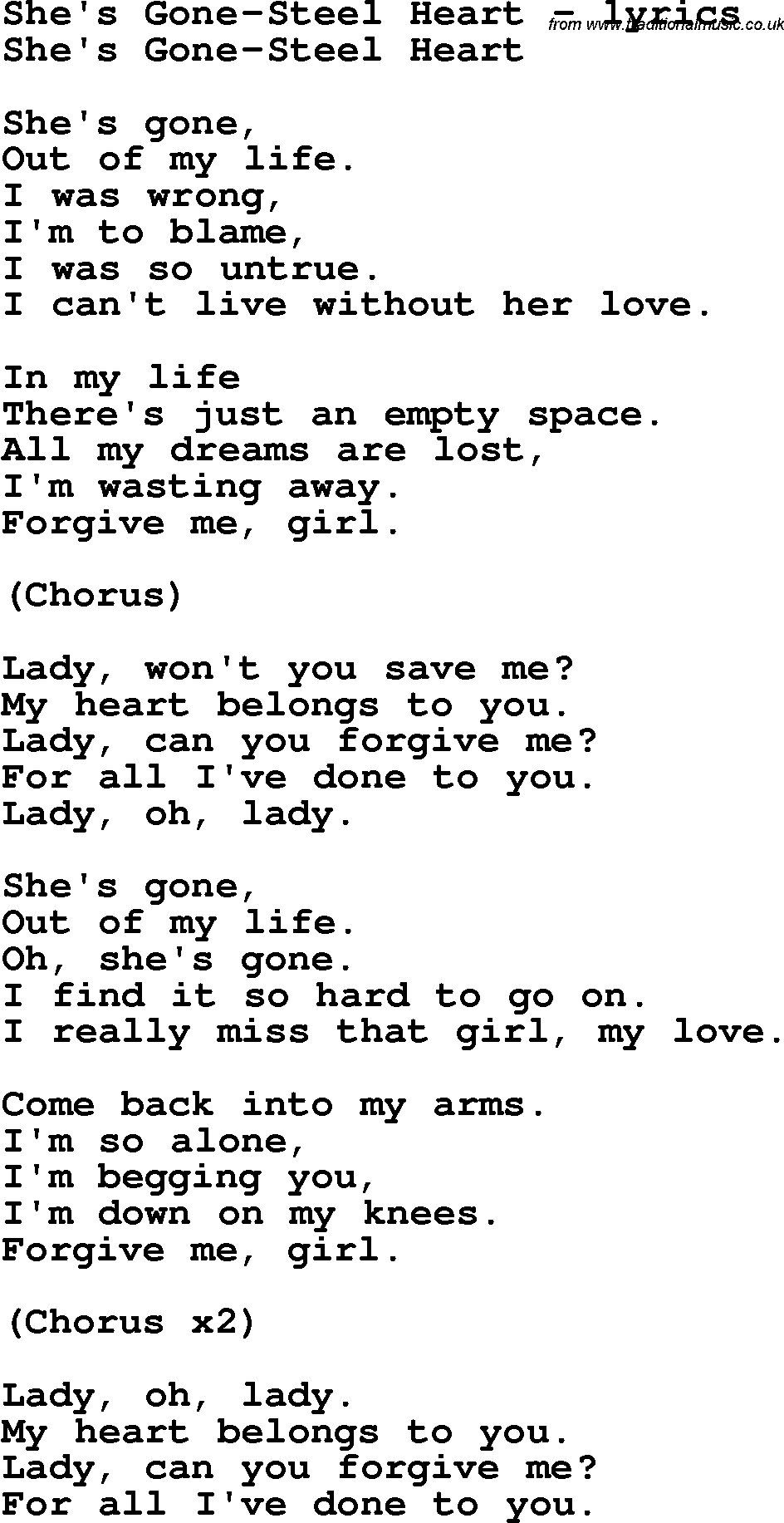 Love Song Lyrics for: She's Gone-Steel Heart