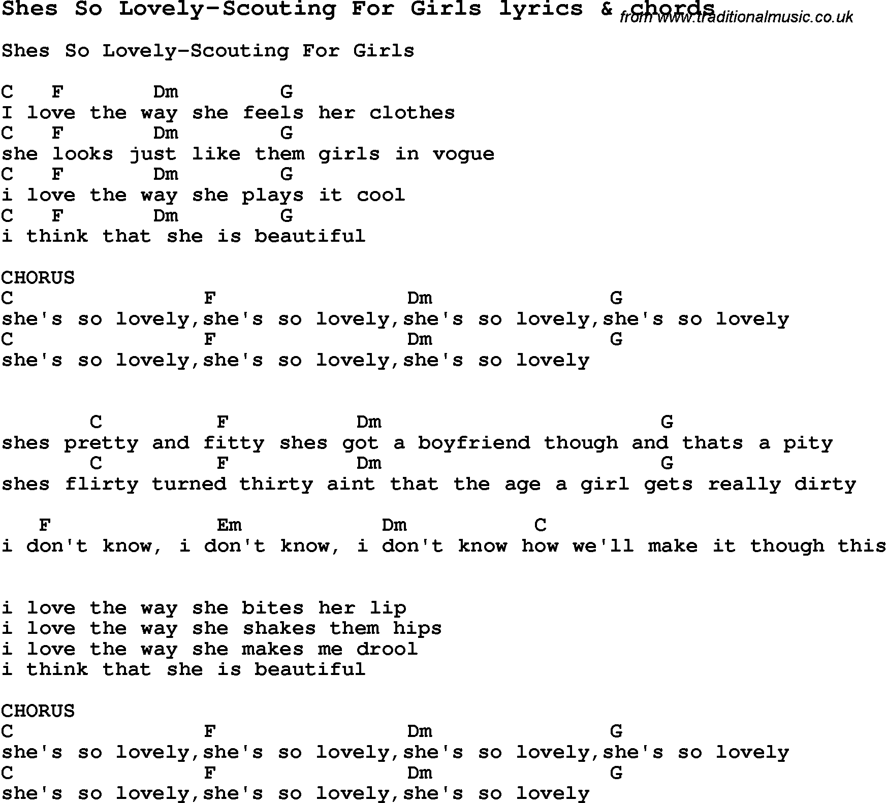 Love Song Lyrics for: Shes So Lovely-Scouting For Girls with chords for Ukulele, Guitar Banjo etc.