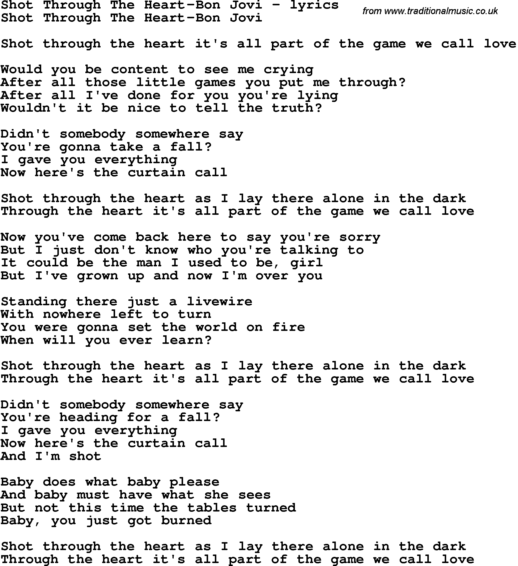 Love Song Lyrics for: Shot Through The Heart-Bon Jovi