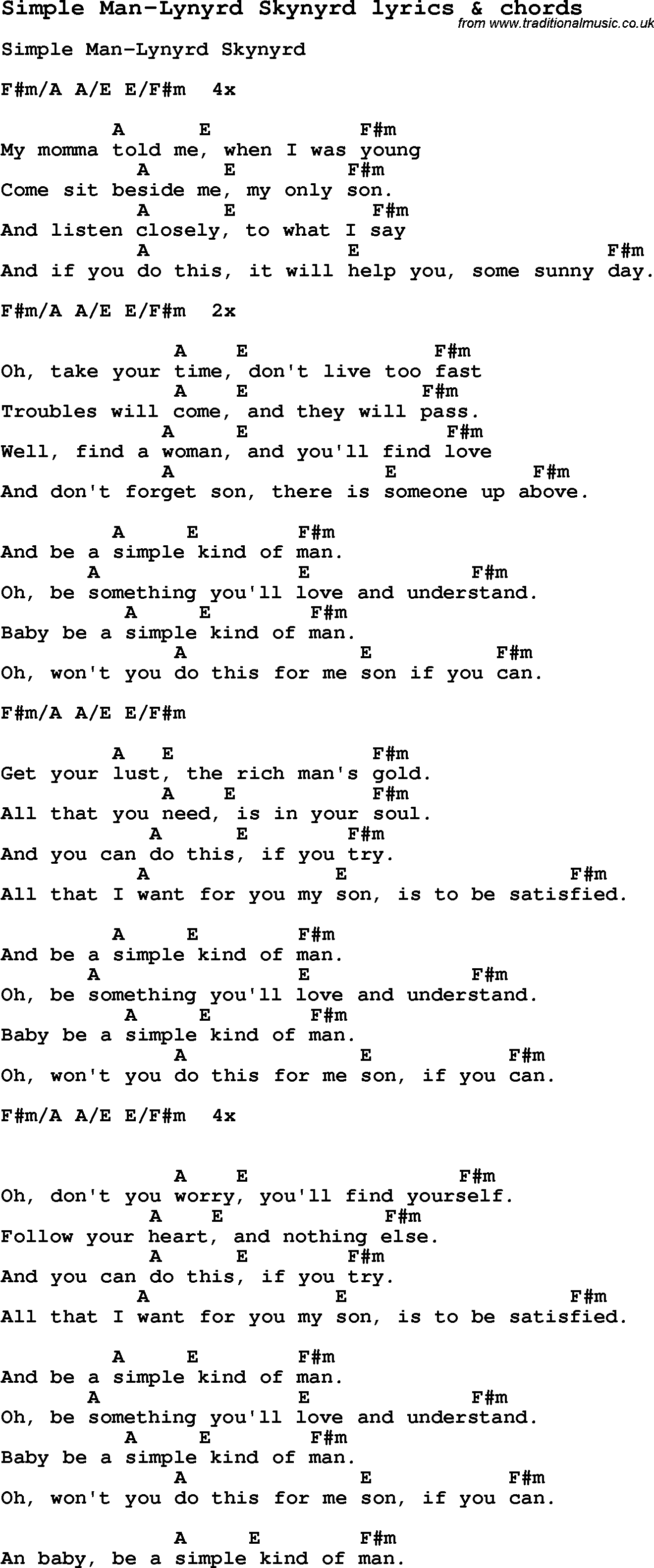 Love Song Lyrics for: Simple Man-Lynyrd Skynyrd with chords for Ukulele, Guitar Banjo etc.