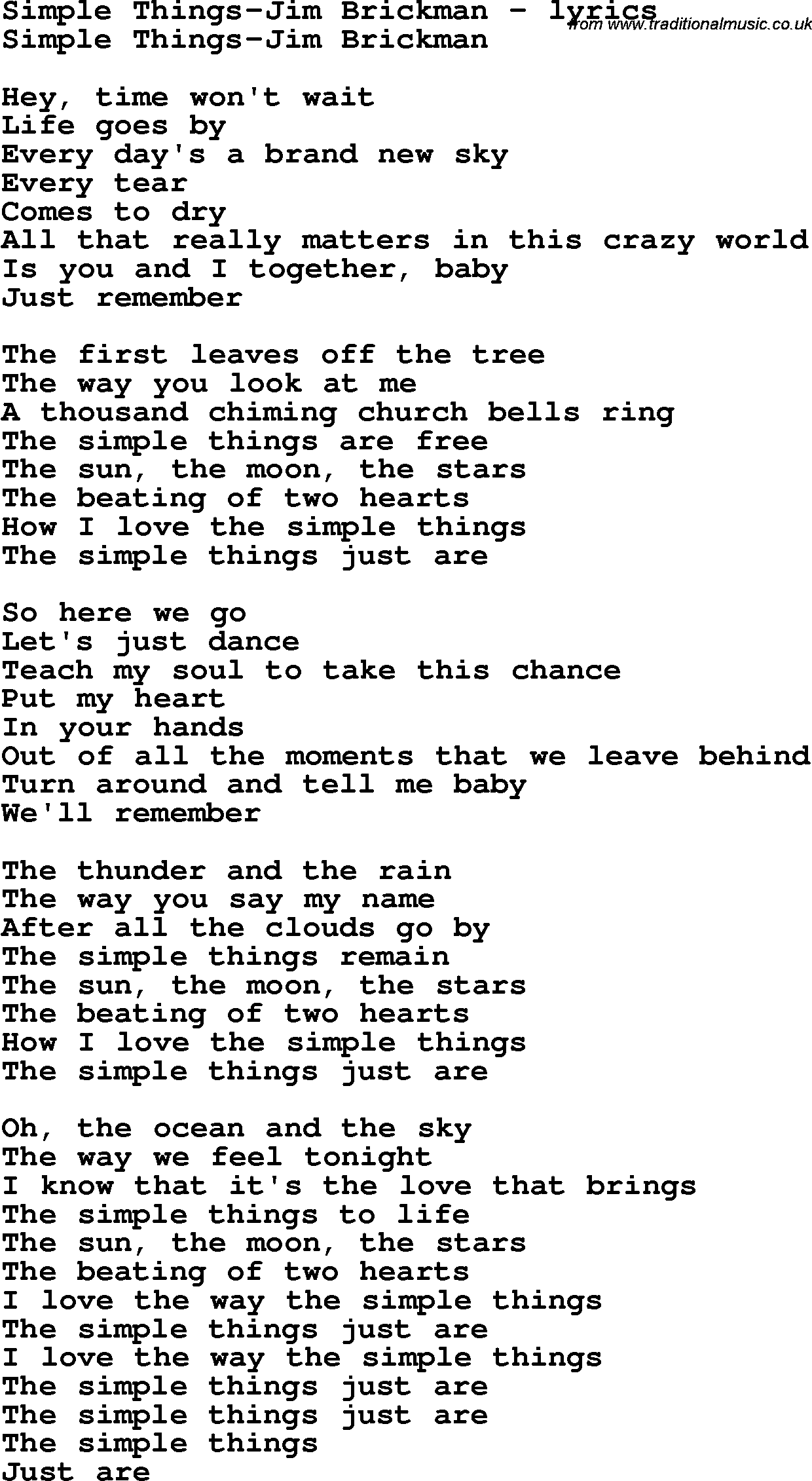 Love Song Lyrics for: Simple Things-Jim Brickman