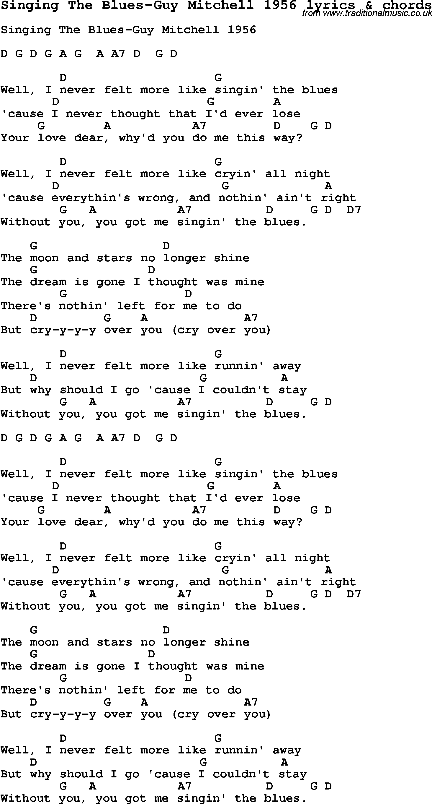 Love Song Lyrics for: Singing The Blues-Guy Mitchell 1956 with chords for Ukulele, Guitar Banjo etc.
