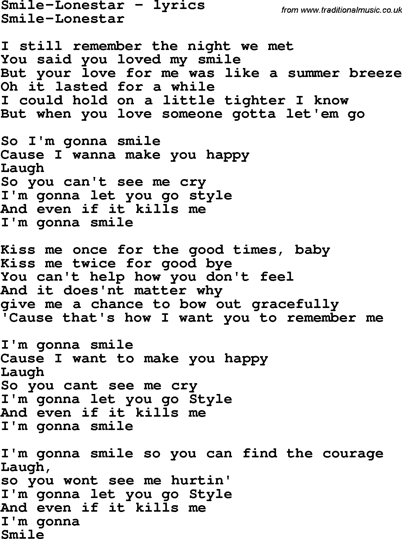 Love Song Lyrics for: Smile-Lonestar
