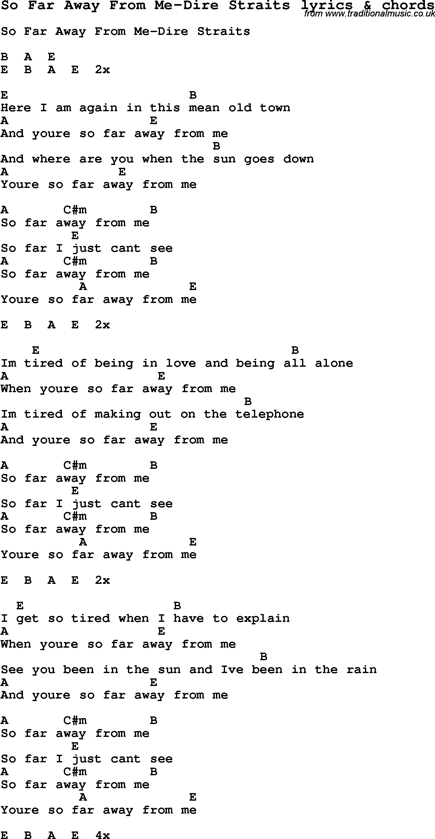 Love Song Lyrics for: So Far Away From Me-Dire Straits with chords for Ukulele, Guitar Banjo etc.