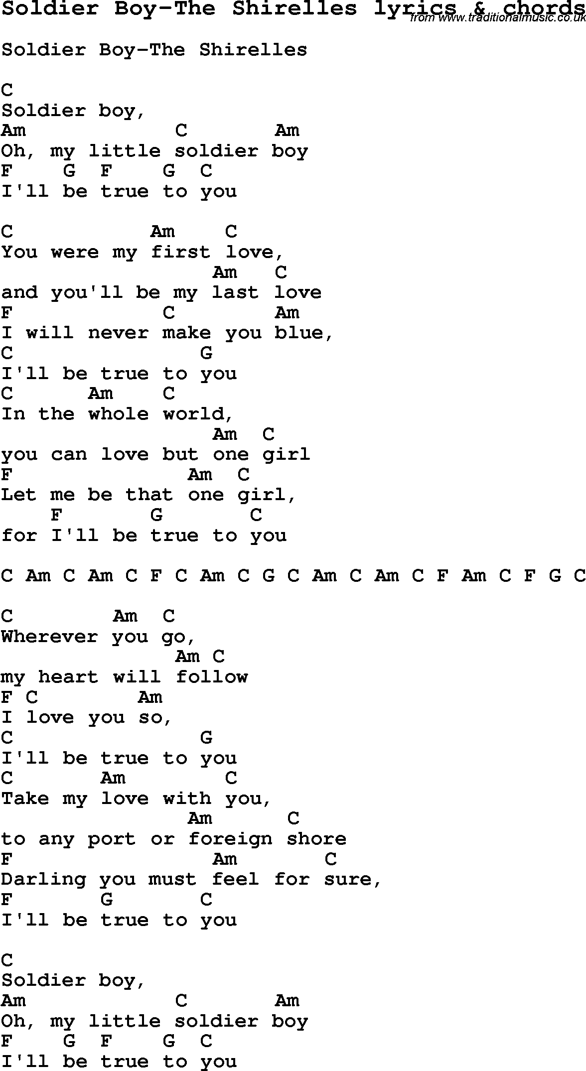 Love Song Lyrics for: Soldier Boy-The Shirelles with chords for Ukulele, Guitar Banjo etc.