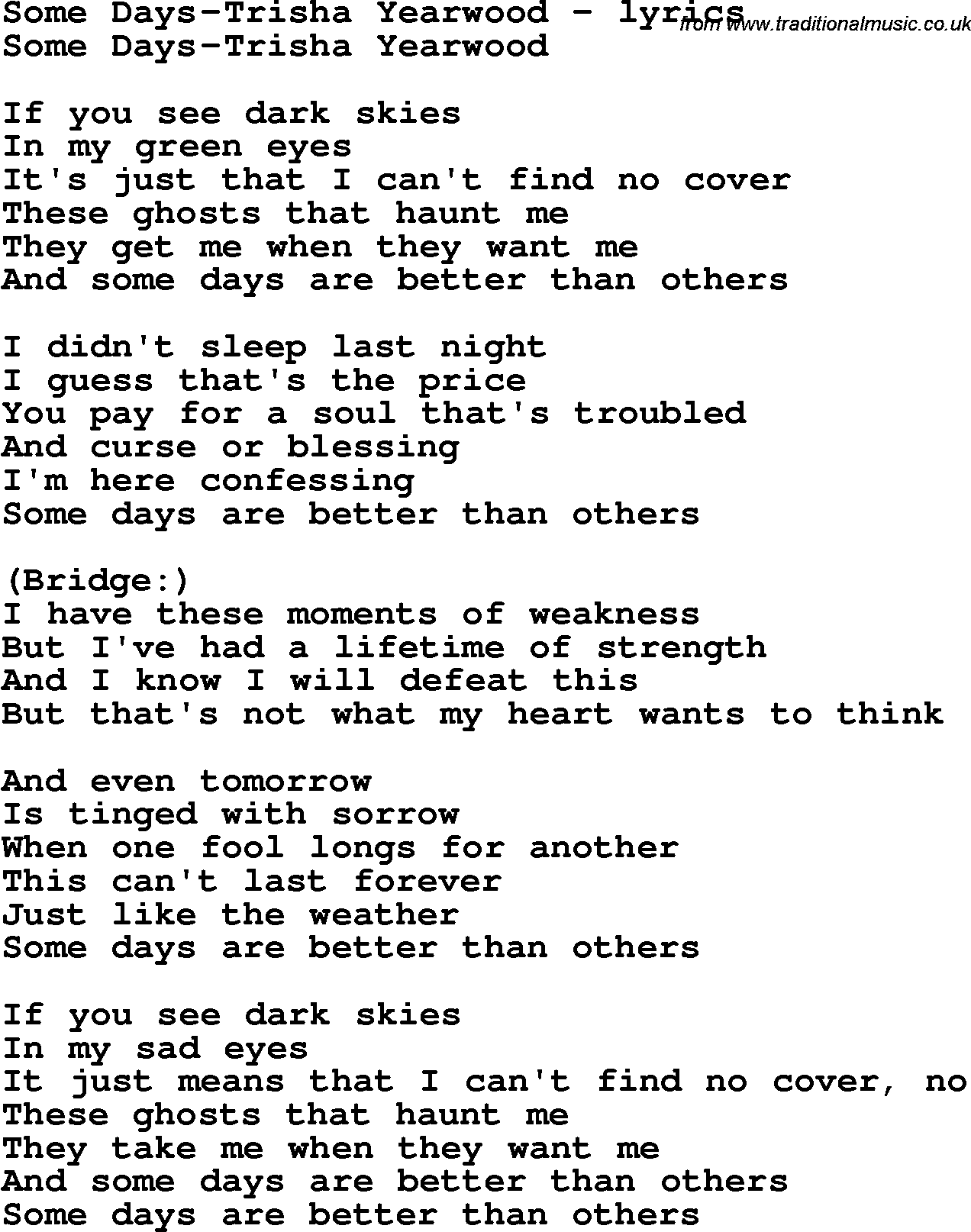 Love Song Lyrics for: Some Days-Trisha Yearwood