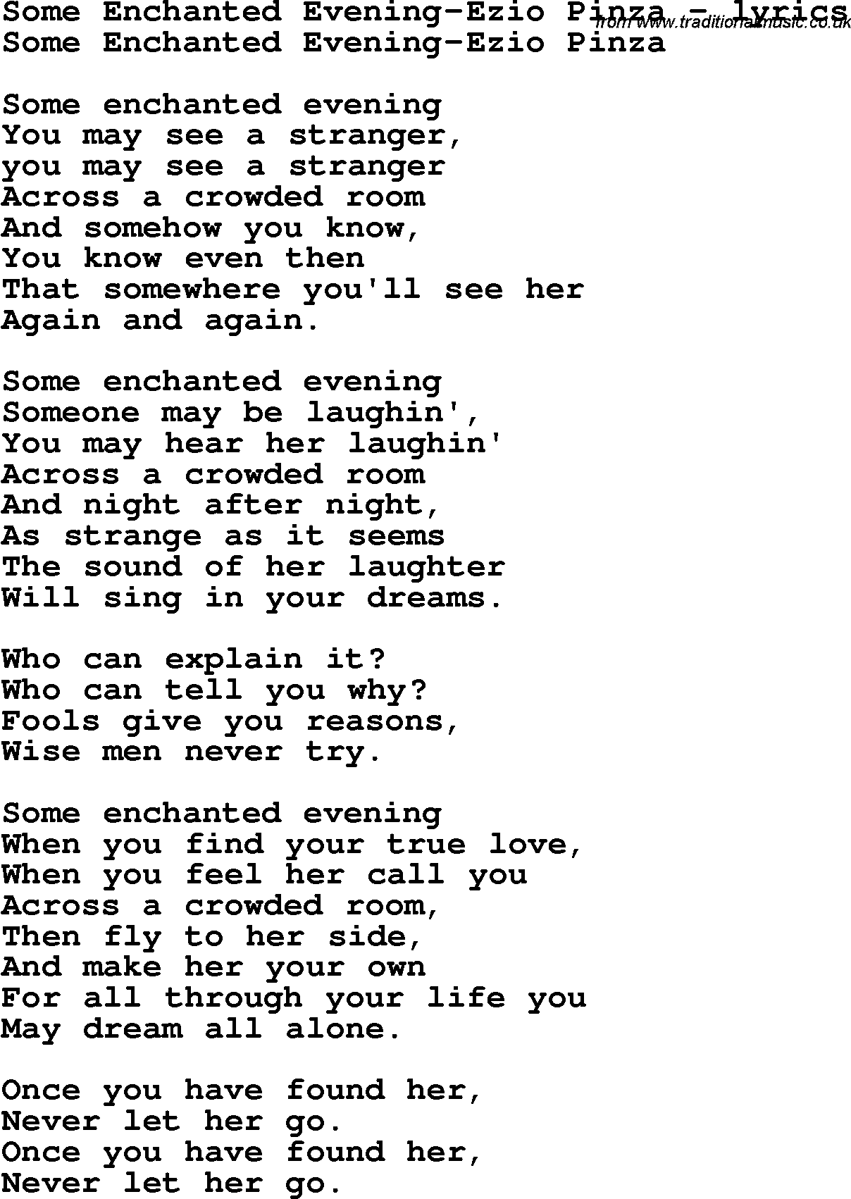 Love Song Lyrics for: Some Enchanted Evening-Ezio Pinza