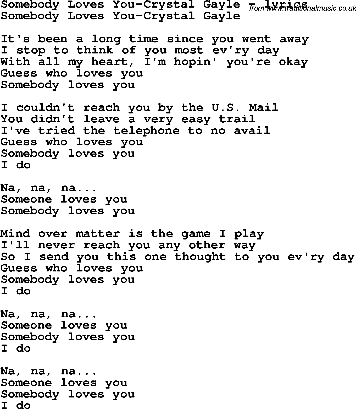 Love Song Lyrics for: Somebody Loves You-Crystal Gayle