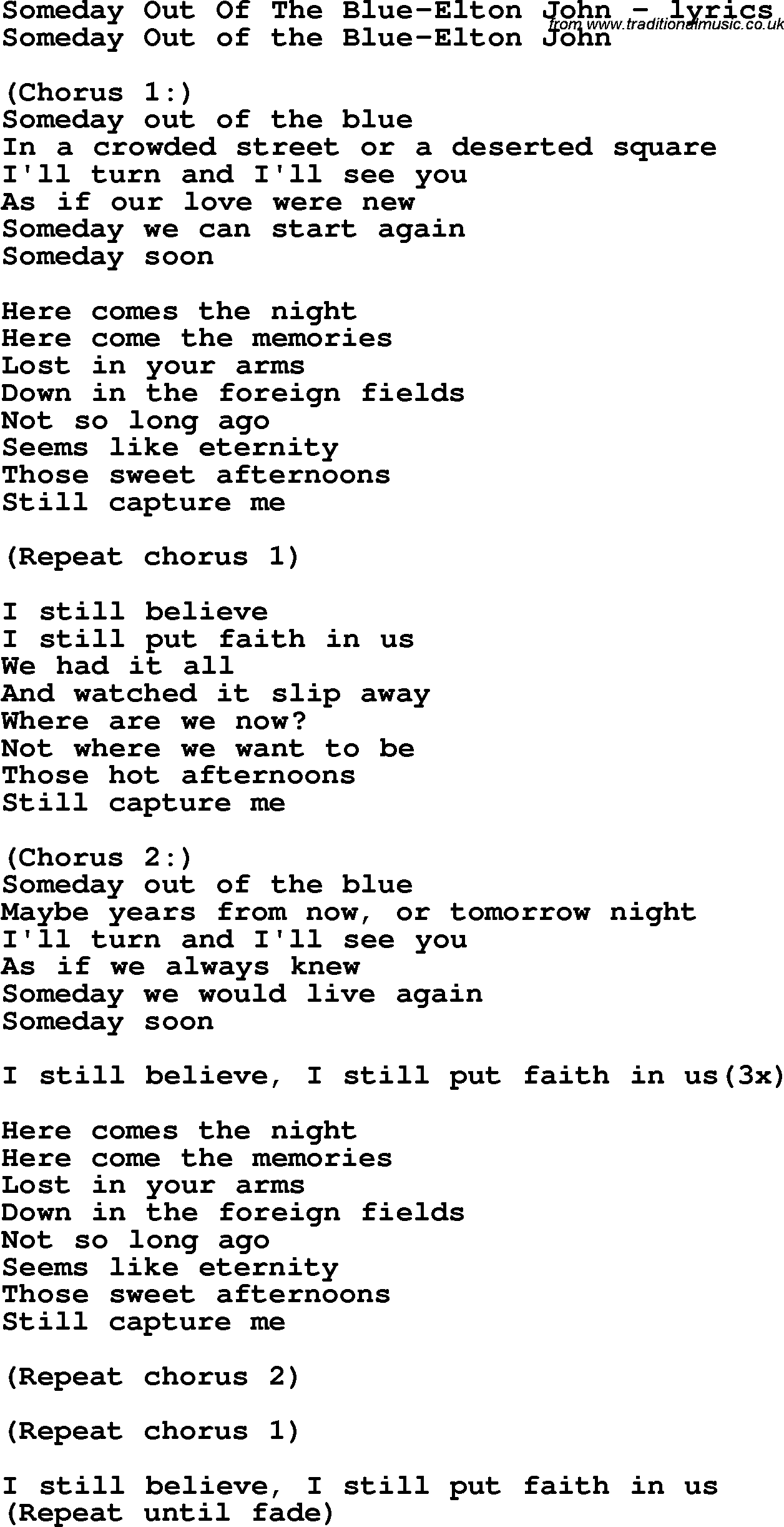 Love Song Lyrics for: Someday Out Of The Blue-Elton John