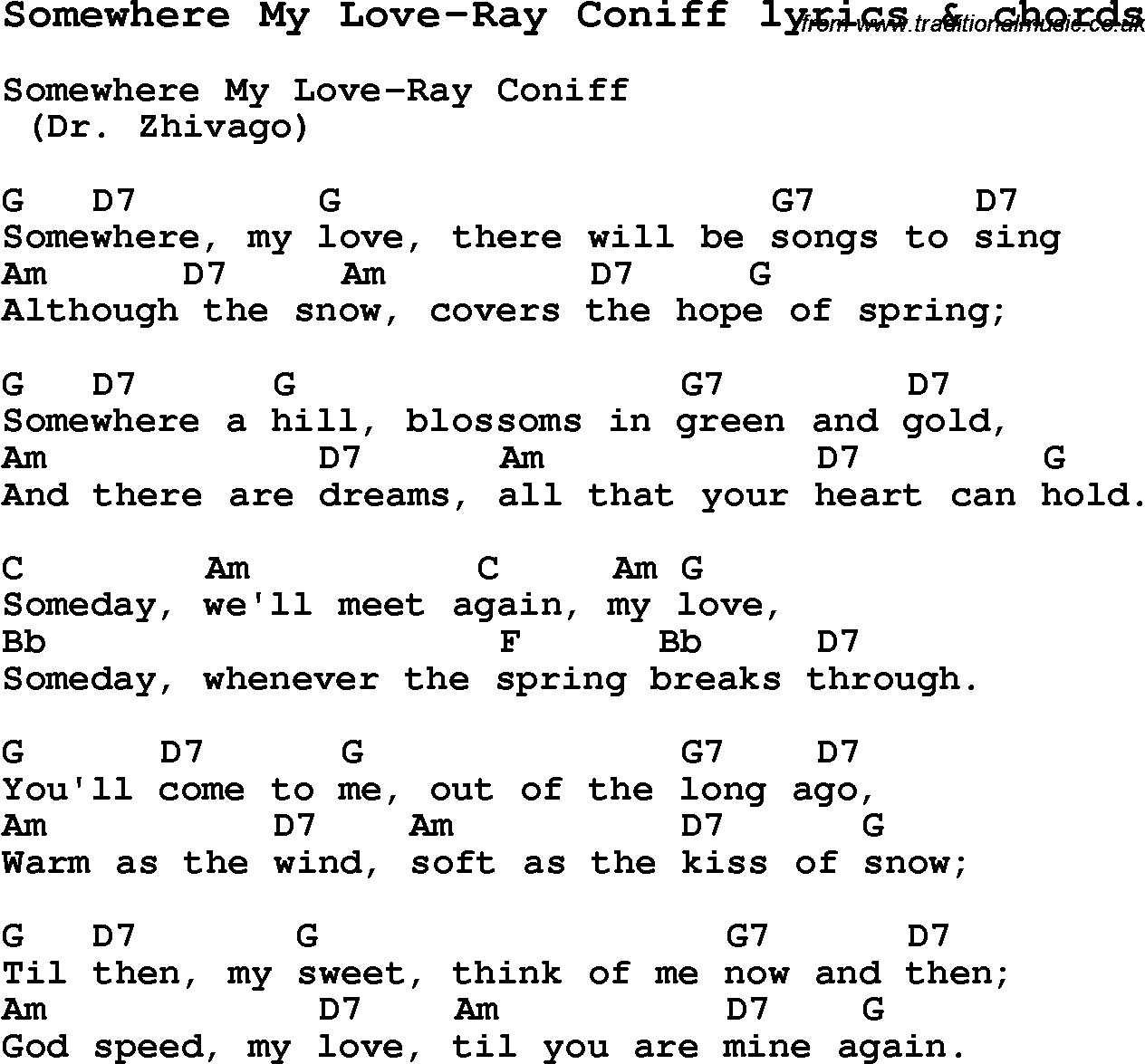Love Song Lyrics for: Somewhere My Love-Ray Coniff with chords for Ukulele, Guitar Banjo etc.