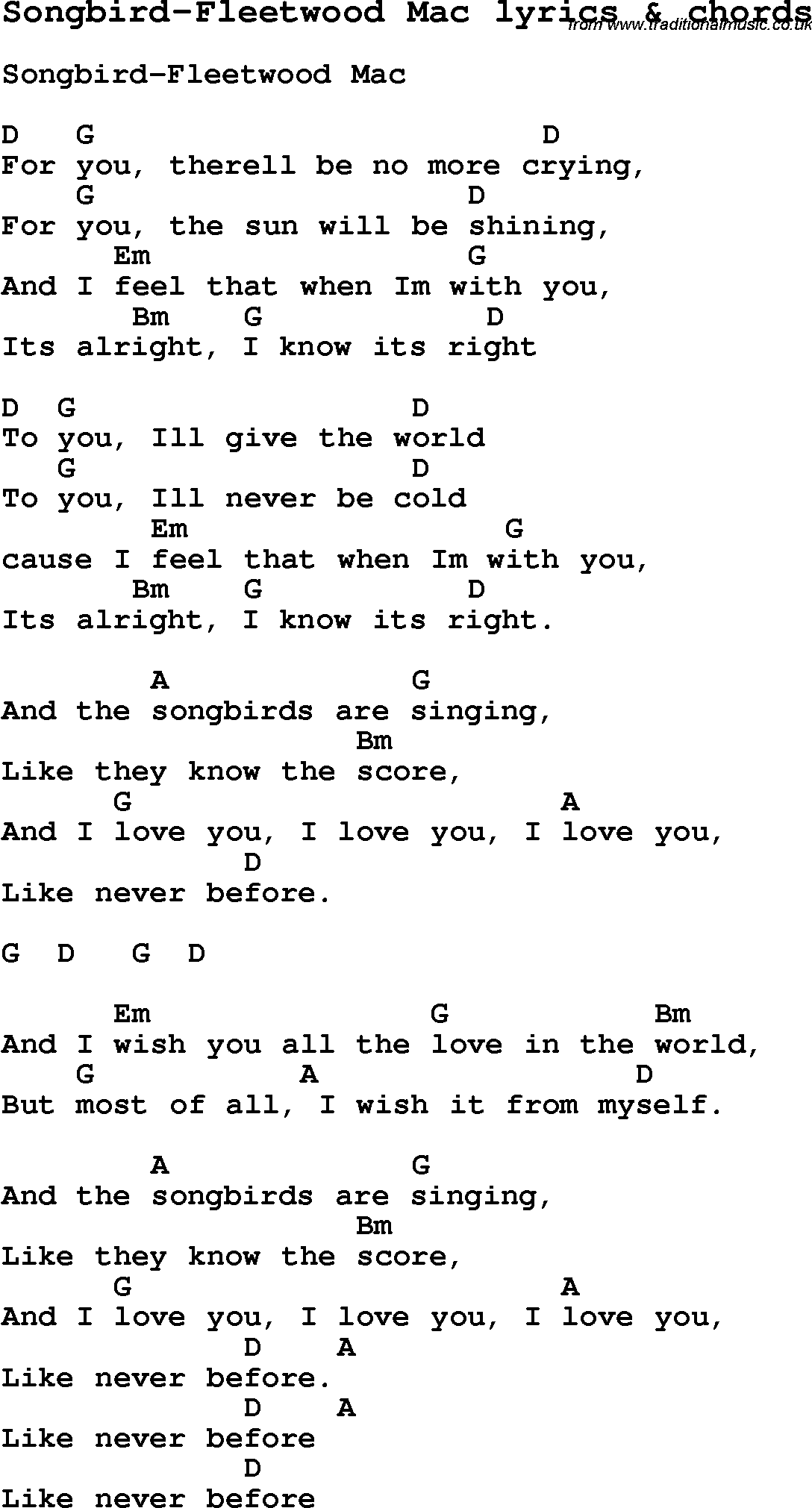 Love Song Lyrics for:bird-Fleetwood Mac with chords for Ukulele, Guitar Banjo etc.