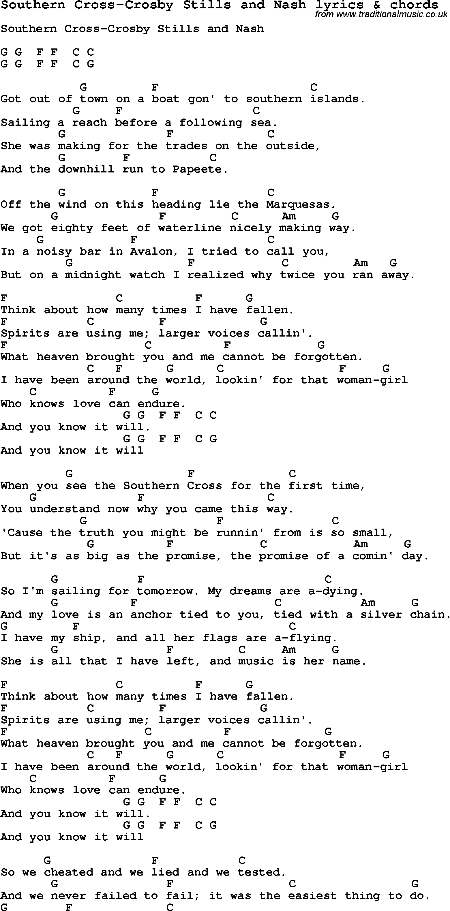 Love Song Lyrics for: Southern Cross-Crosby Stills and Nash with chords for Ukulele, Guitar Banjo etc.