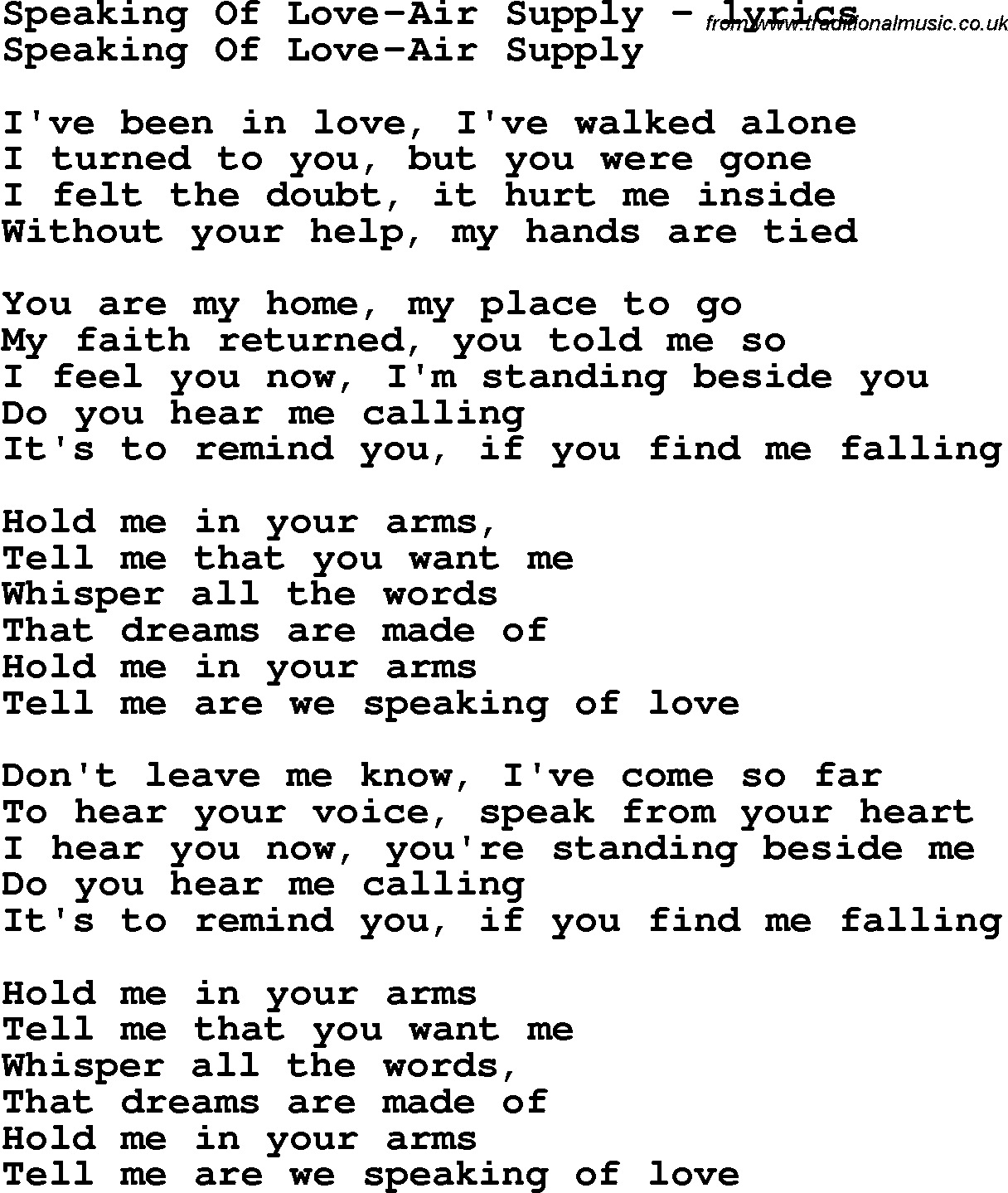 Love Song Lyrics for: Speaking Of Love-Air Supply