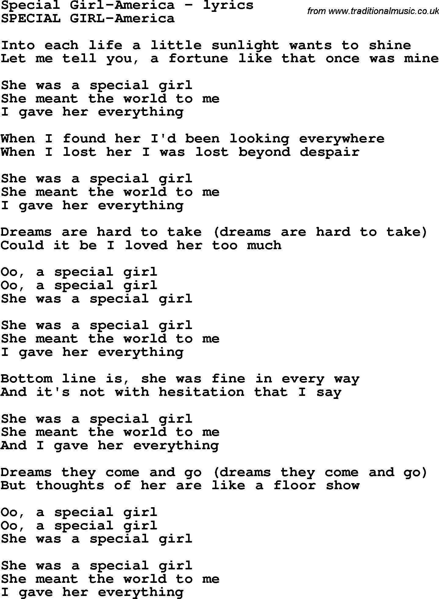 Love Song Lyrics for: Special Girl-America