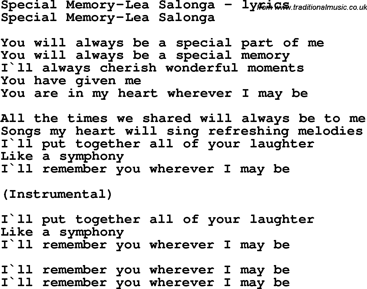 Love Song Lyrics for: Special Memory-Lea Salonga