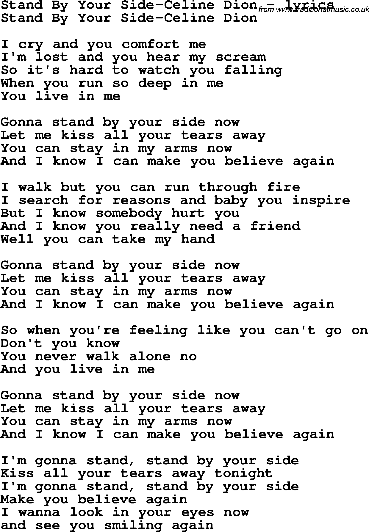 Love Song Lyrics for: Stand By Your Side-Celine Dion