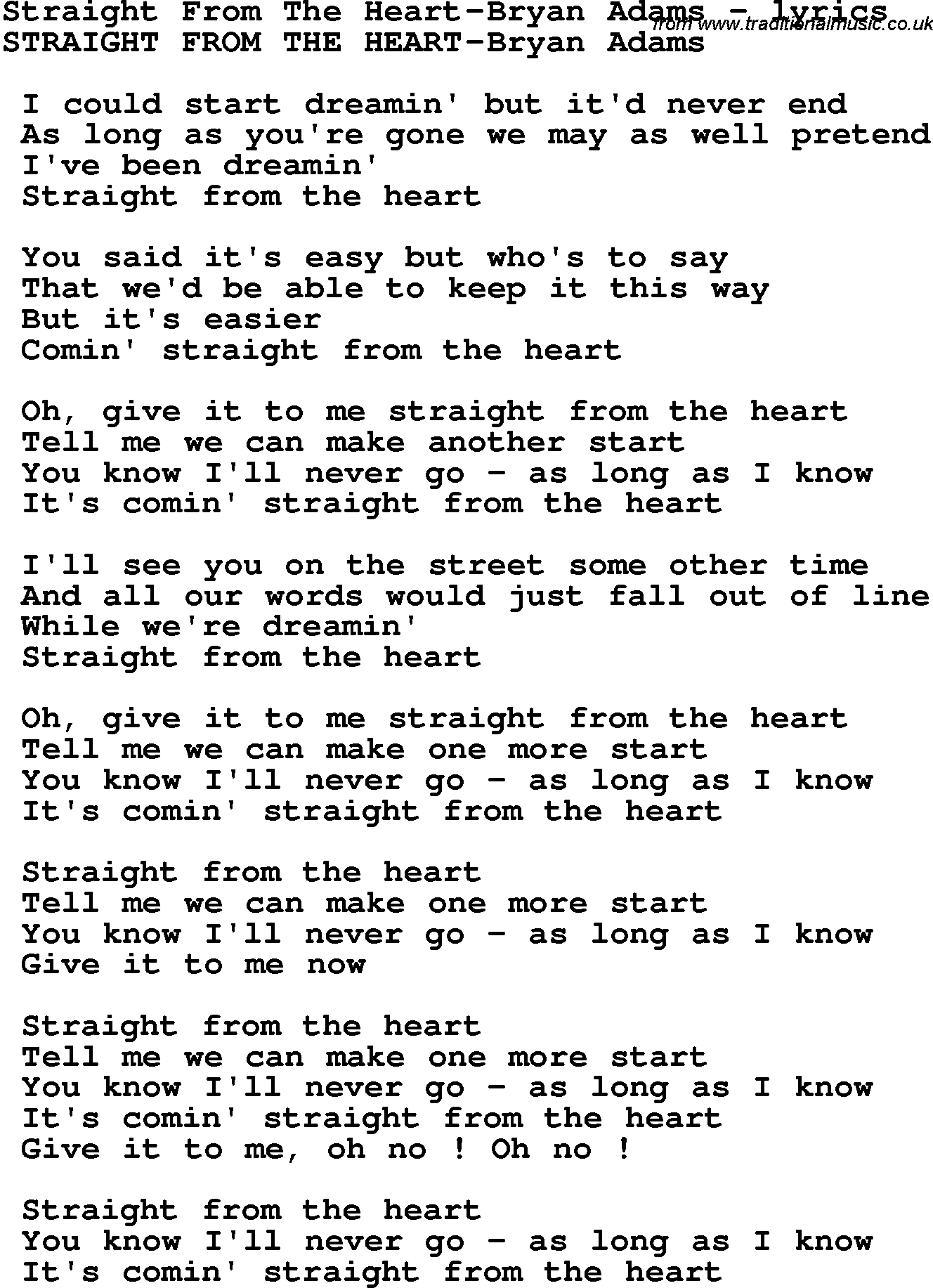 Love Song Lyrics for: Straight From The Heart-Bryan Adams