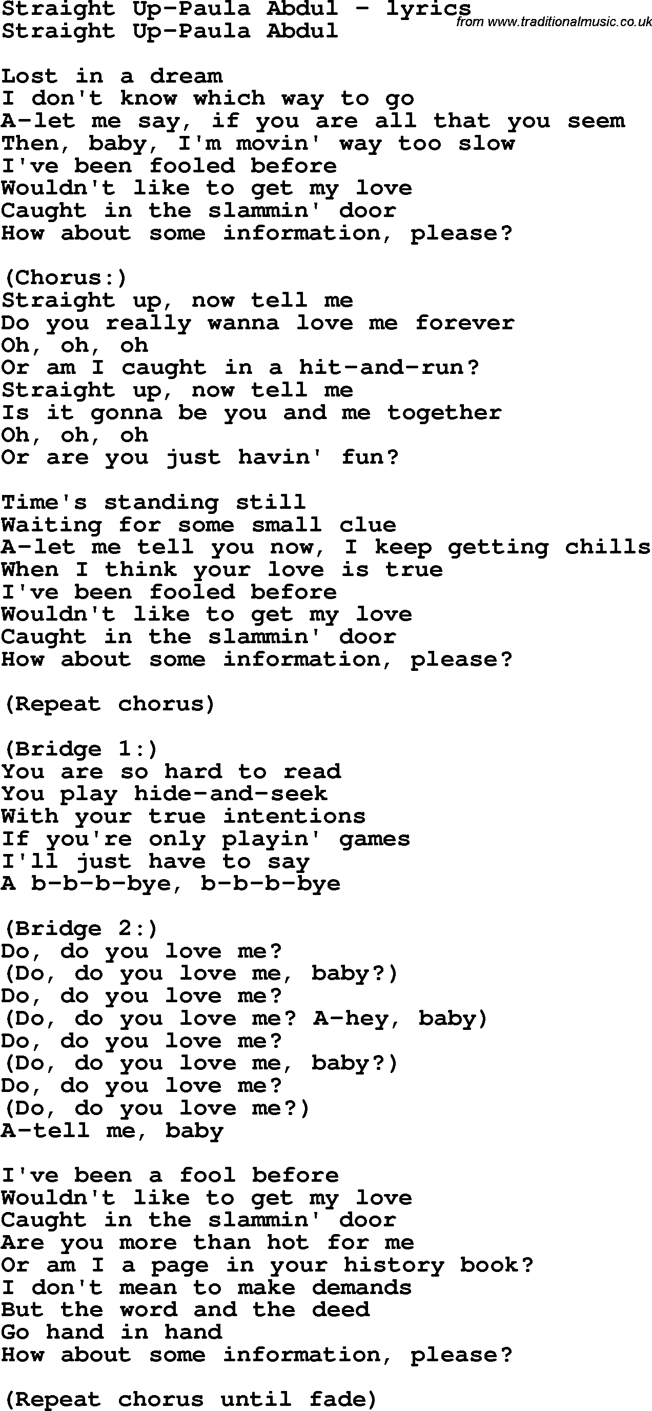 Love Song Lyrics for: Straight Up-Paula Abdul