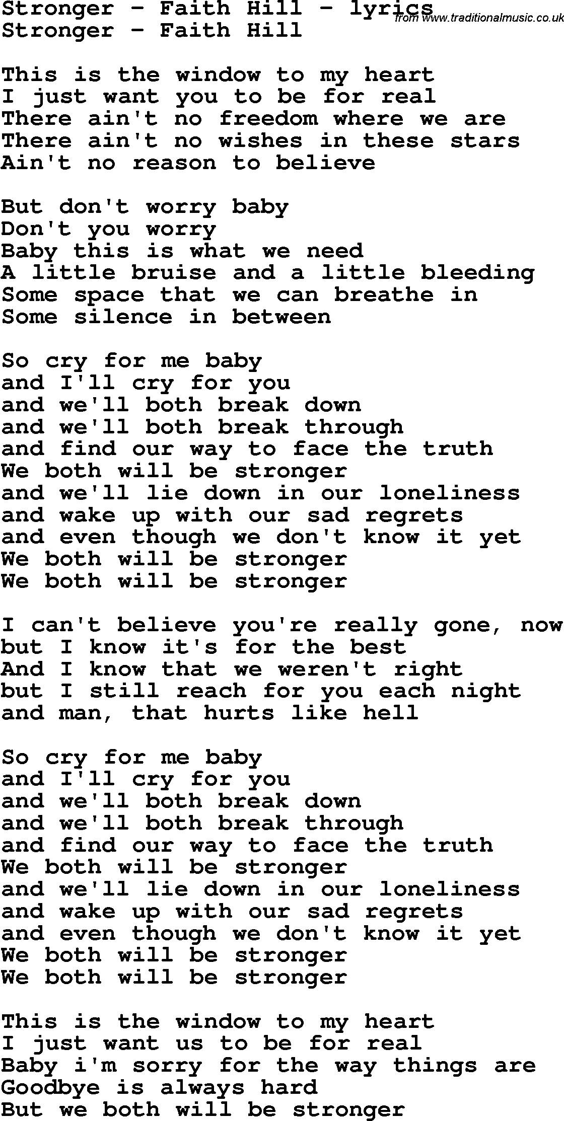 Love Song Lyrics for: Stronger - Faith Hill