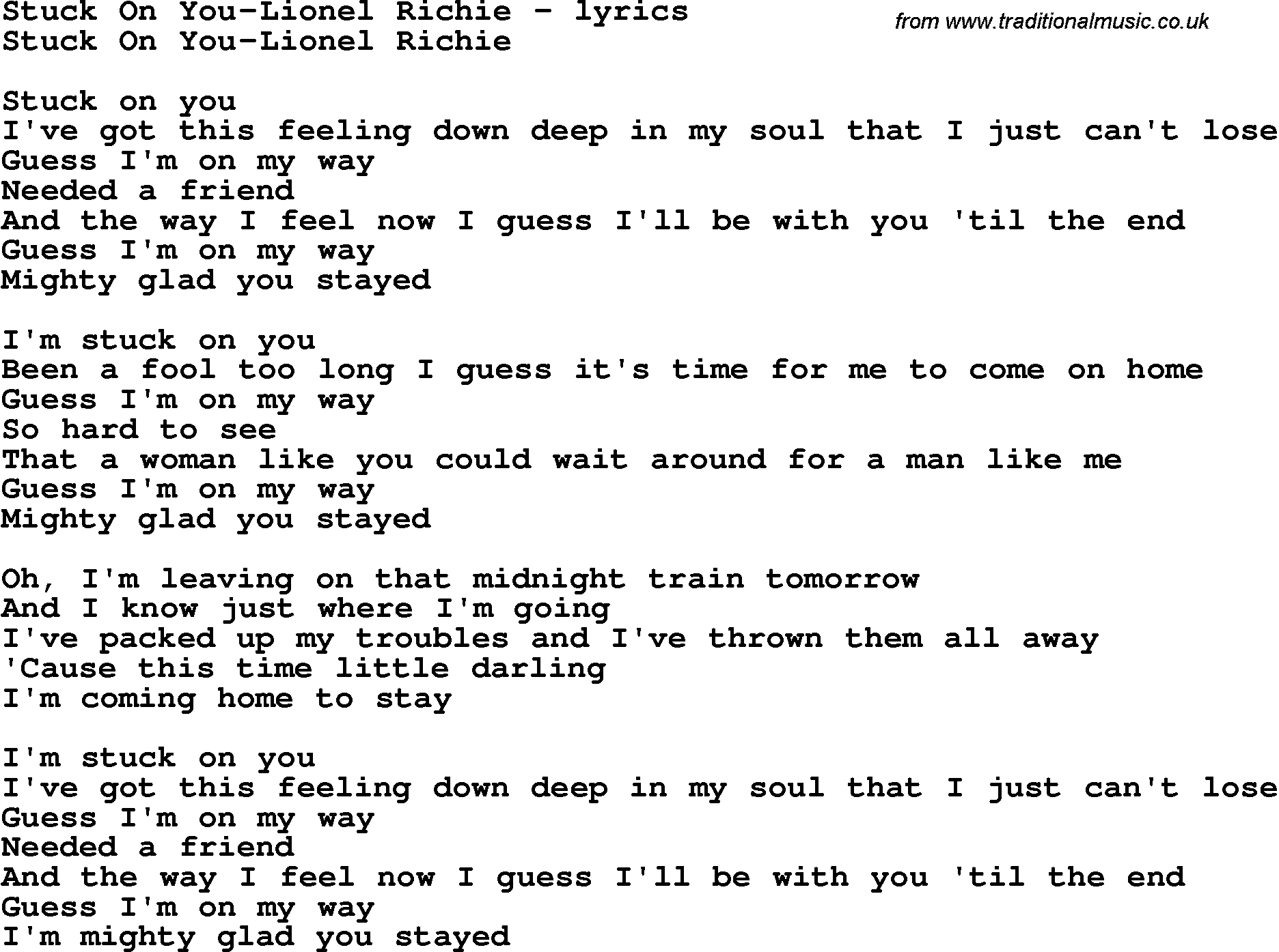 Love Song Lyrics for: Stuck On You-Lionel Richie