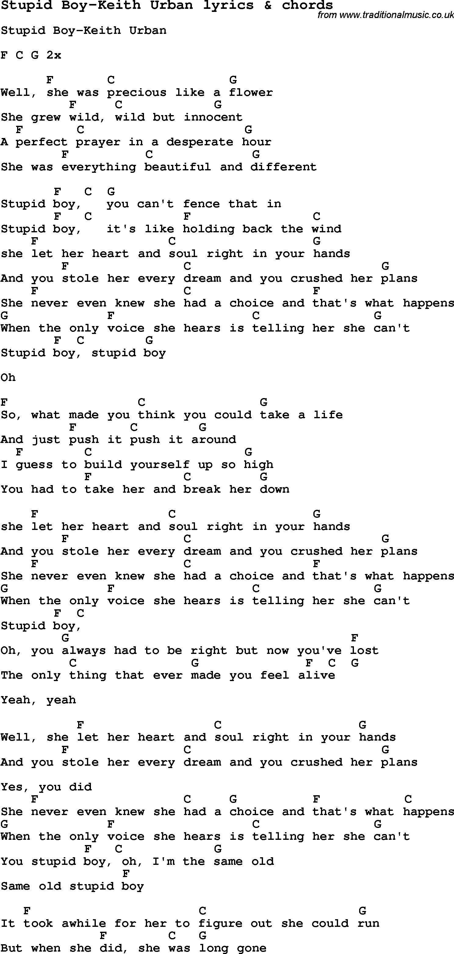 Love Song Lyrics for: Stupid Boy-Keith Urban with chords for Ukulele, Guitar Banjo etc.