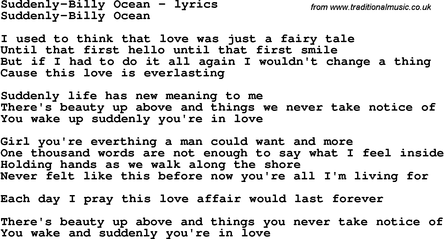 Love Song Lyrics for: Suddenly-Billy Ocean