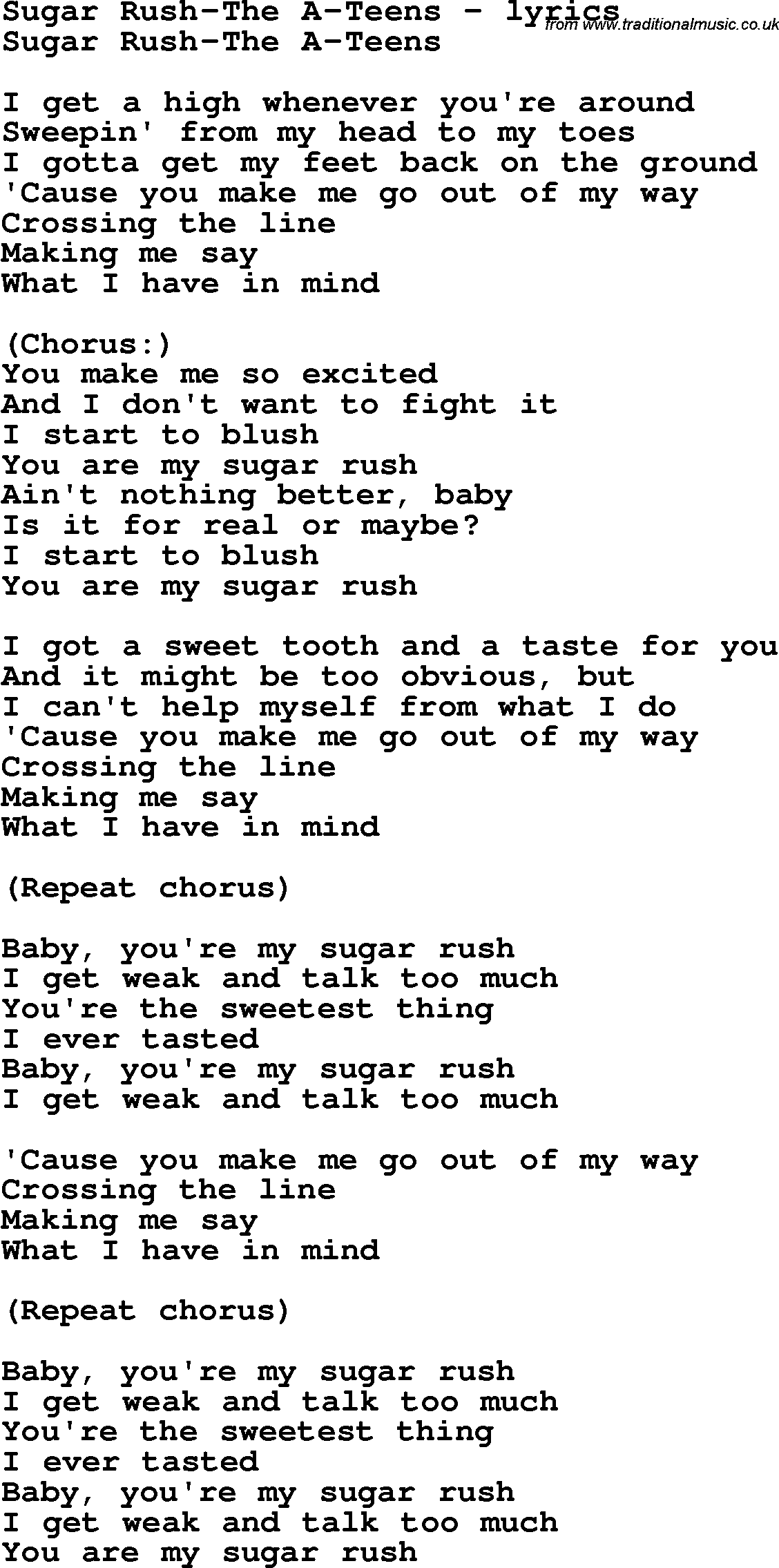 Love Song Lyrics for: Sugar Rush-The A-Teens